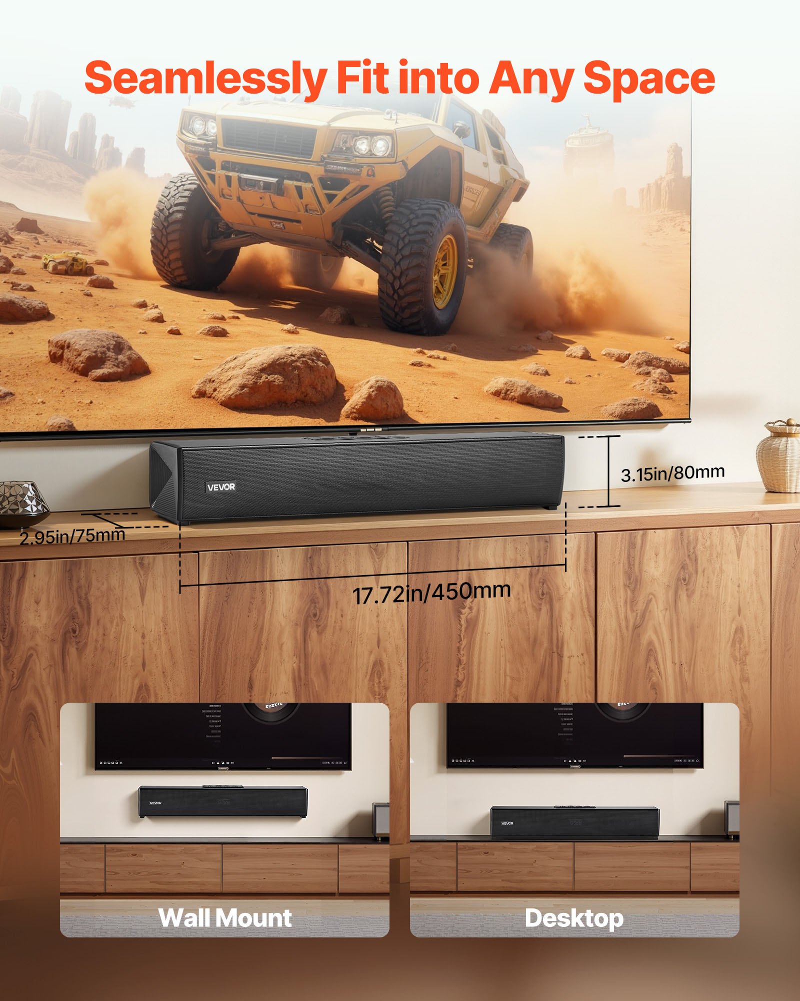 VEVOR Sound Bar for Smart TV, 2.0 Channel, 450 mm Compact Soundbar TV Speakers for Projector, Bluetooth AUX Connection, Remote Control, Easy Setup, 80W Surround Sound System for PC Home Theater Audio