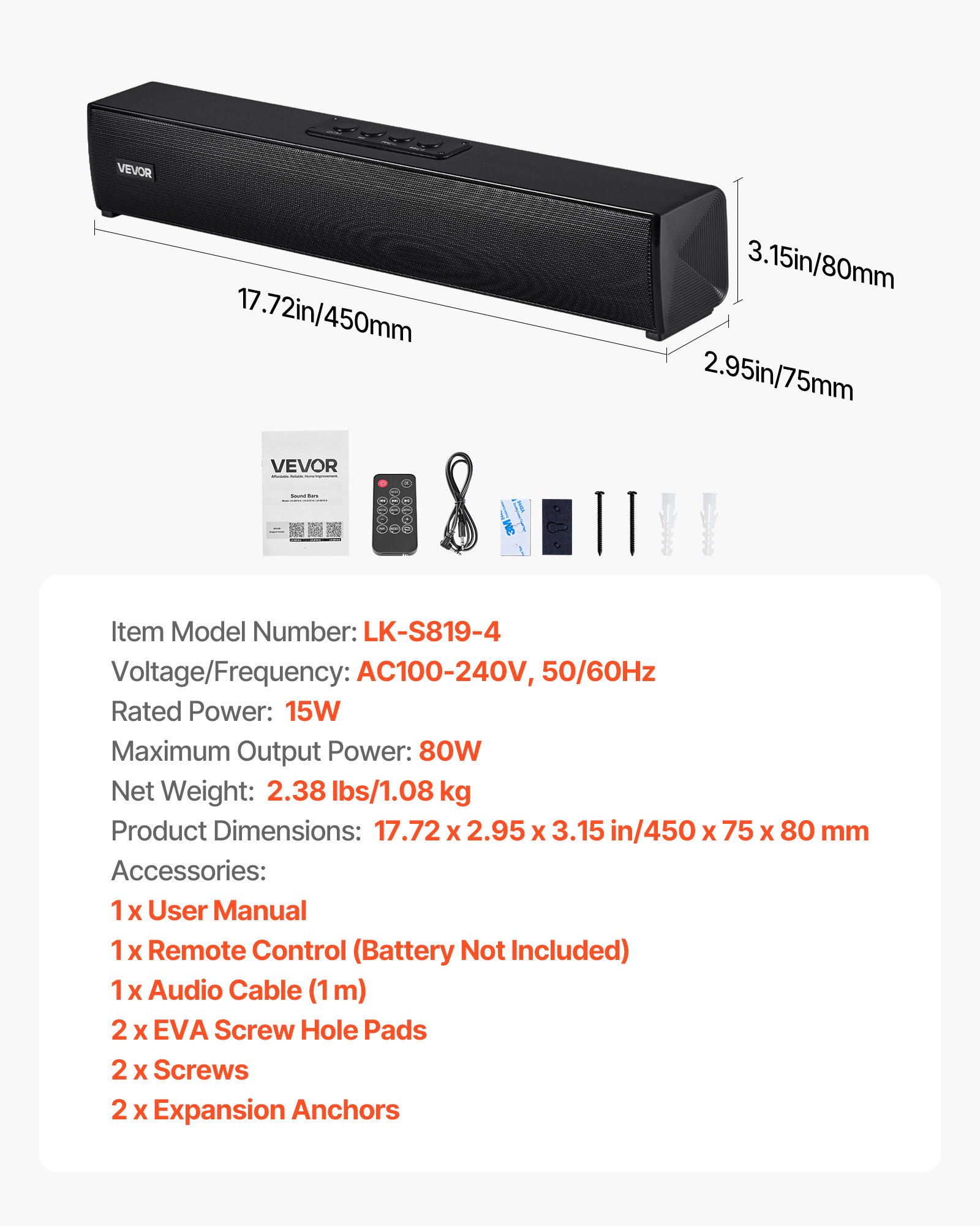 VEVOR Sound Bar for Smart TV, 2.0 Channel, 450 mm Compact Soundbar TV Speakers for Projector, Bluetooth AUX Connection, Remote Control, Easy Setup, 80W Surround Sound System for PC Home Theater Audio