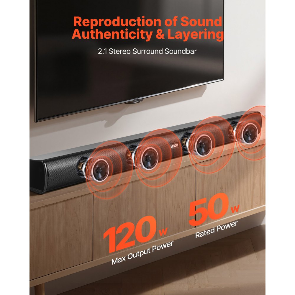 VEVOR Sound Bar for Smart TV, 2.1 Channel, 35-Inch Compact Soundbar TV Speakers with Built-In Subwoofer for Projector, Bluetooth AUX Connection, Easy Setup, 120W Surround Sound System for Home Audio