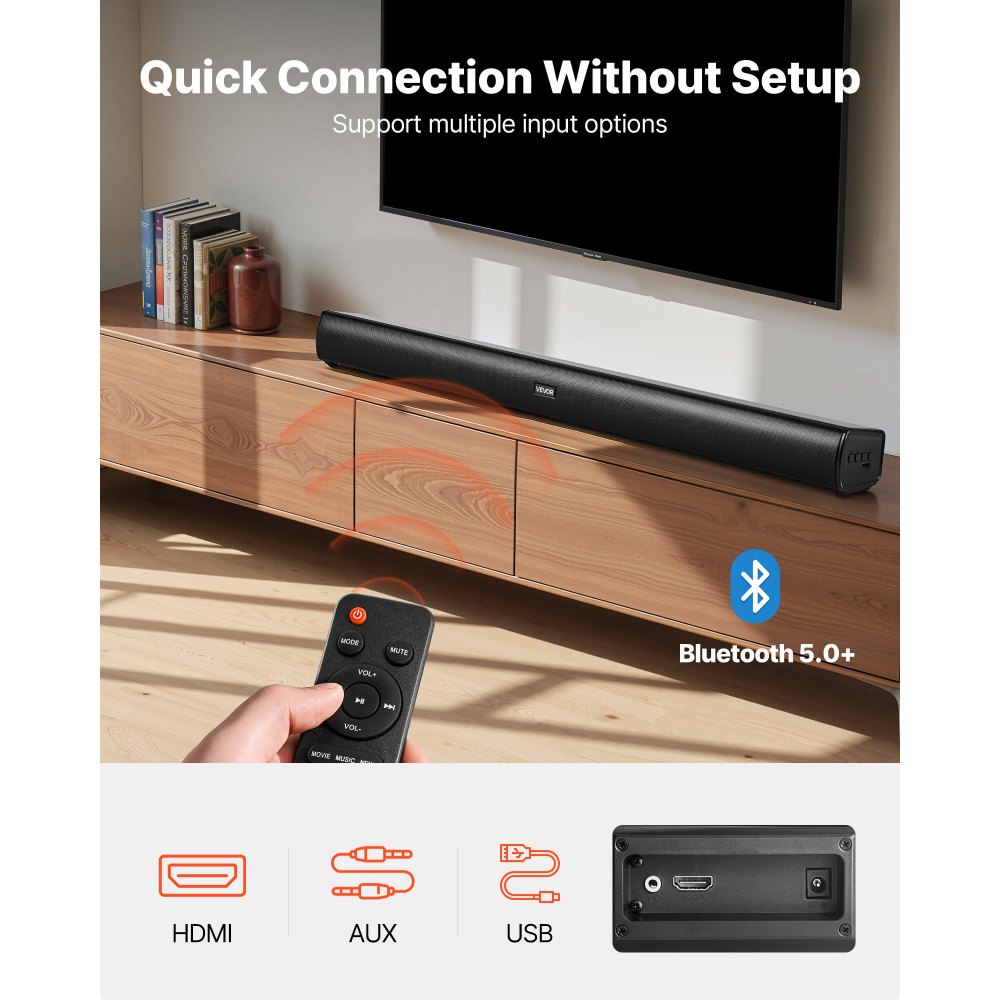 VEVOR Sound Bar for Smart TV, 2.1 Channel, 35-Inch Compact Soundbar TV Speakers with Built-In Subwoofer for Projector, Bluetooth AUX Connection, Easy Setup, 120W Surround Sound System for Home Audio