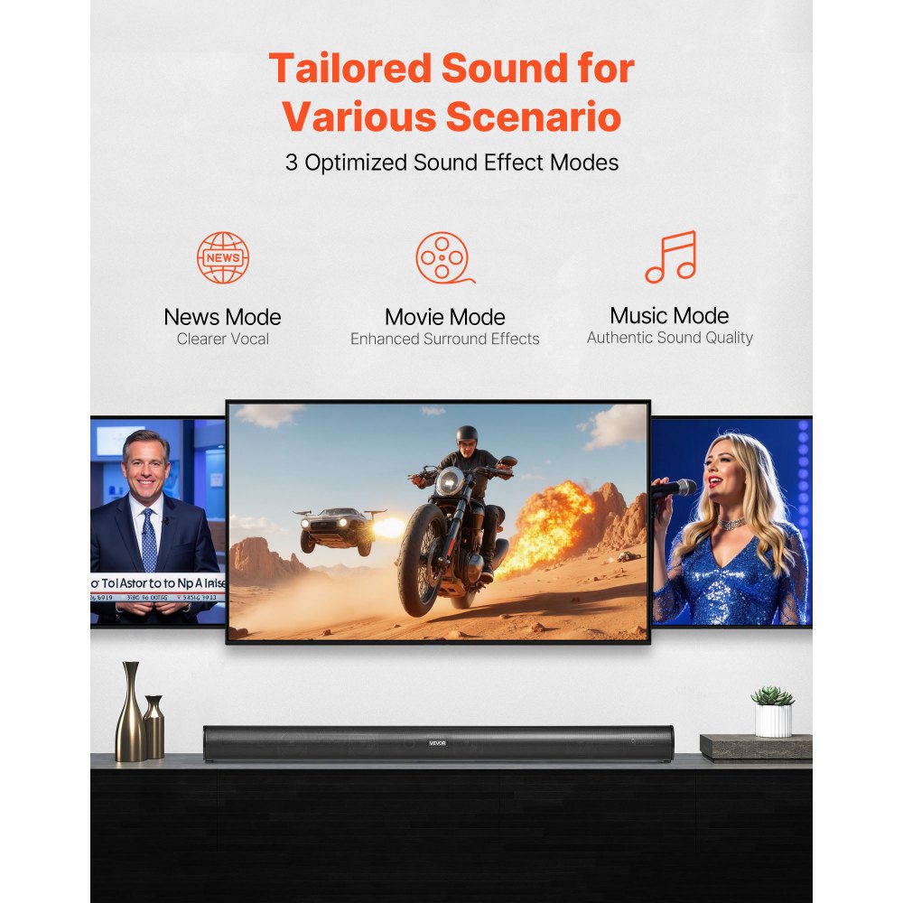 VEVOR Sound Bar for Smart TV, 2.1 Channel, 35-Inch Compact Soundbar TV Speakers with Built-In Subwoofer for Projector, Bluetooth AUX Connection, Easy Setup, 120W Surround Sound System for Home Audio