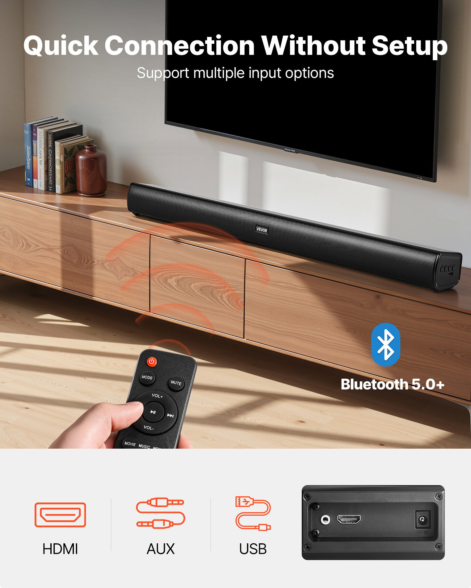 VEVOR Sound Bar for Smart TV, 2.1 Channel, 35-Inch Compact Soundbar TV Speakers with Built-In Subwoofer for Projector, Bluetooth AUX Connection, Easy Setup, 120W Surround Sound System for Home Audio