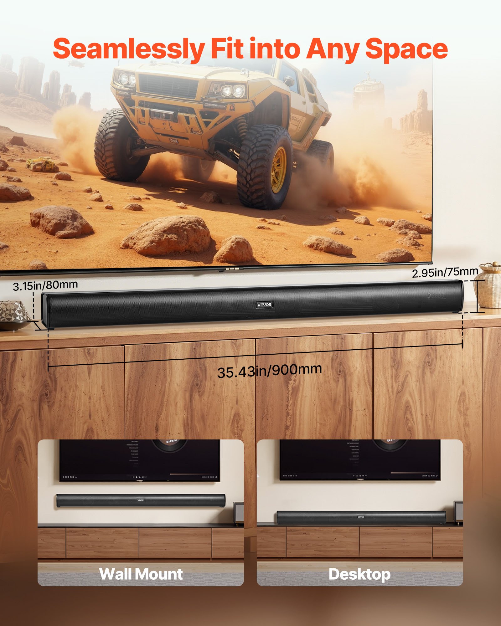 VEVOR Sound Bar for Smart TV, 2.1 Channel, 35-Inch Compact Soundbar TV Speakers with Built-In Subwoofer for Projector, Bluetooth AUX Connection, Easy Setup, 120W Surround Sound System for Home Audio