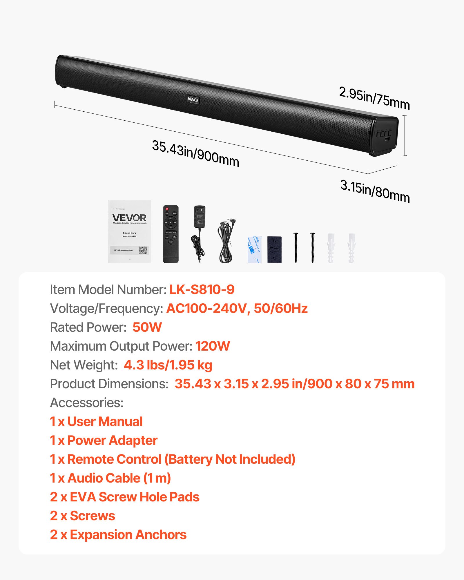 VEVOR Sound Bar for Smart TV, 2.1 Channel, 35-Inch Compact Soundbar TV Speakers with Built-In Subwoofer for Projector, Bluetooth AUX Connection, Easy Setup, 120W Surround Sound System for Home Audio