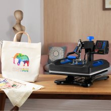 Tepelný lis VEVOR, 12 x 15 palců, rychlý ohřev, digitální sublimační tiskárna na trička s 360 výkyvy, plátěná taška, polštář, banner, modrá