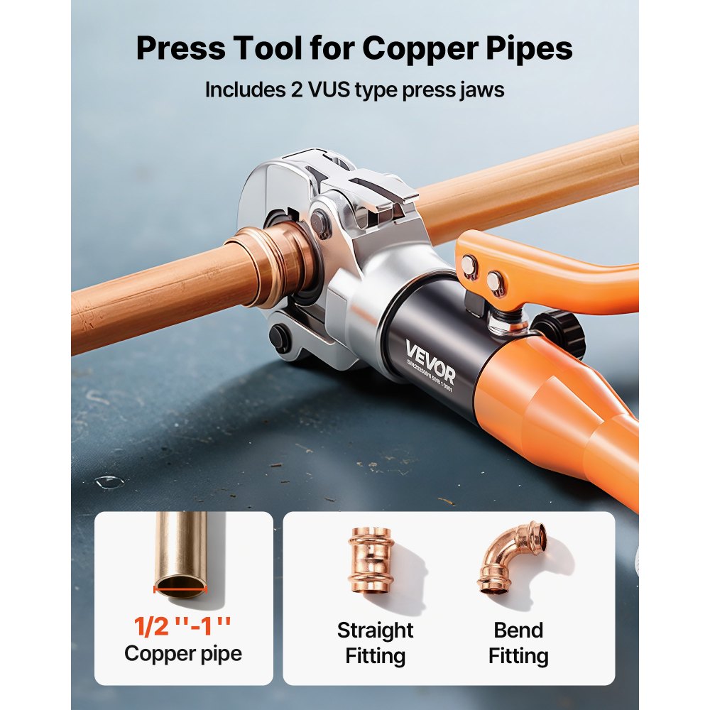 VEVOR Copper Pipe Crimping Tool, Hydraulic Driven Press Tool with 1/2", 3/4", 1" VUS Jaws, Copper Tube Fittings Crimper for Narrow Spaces, Straight & Bend Fittings - Compatible with ProPress