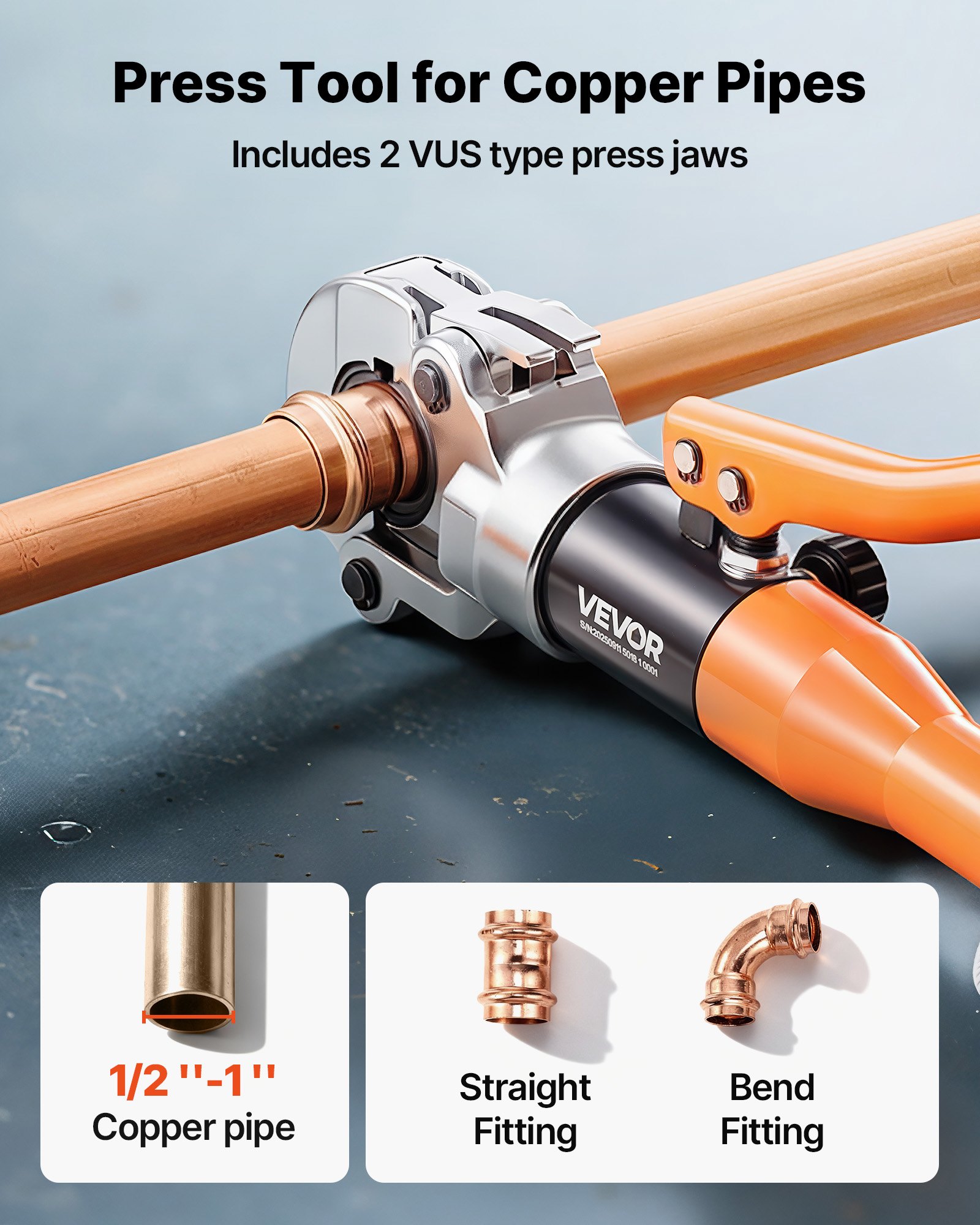 VEVOR Copper Pipe Crimping Tool, Hydraulic Driven Press Tool with 1/2", 3/4", 1" VUS Jaws, Copper Tube Fittings Crimper for Narrow Spaces, Straight & Bend Fittings - Compatible with ProPress