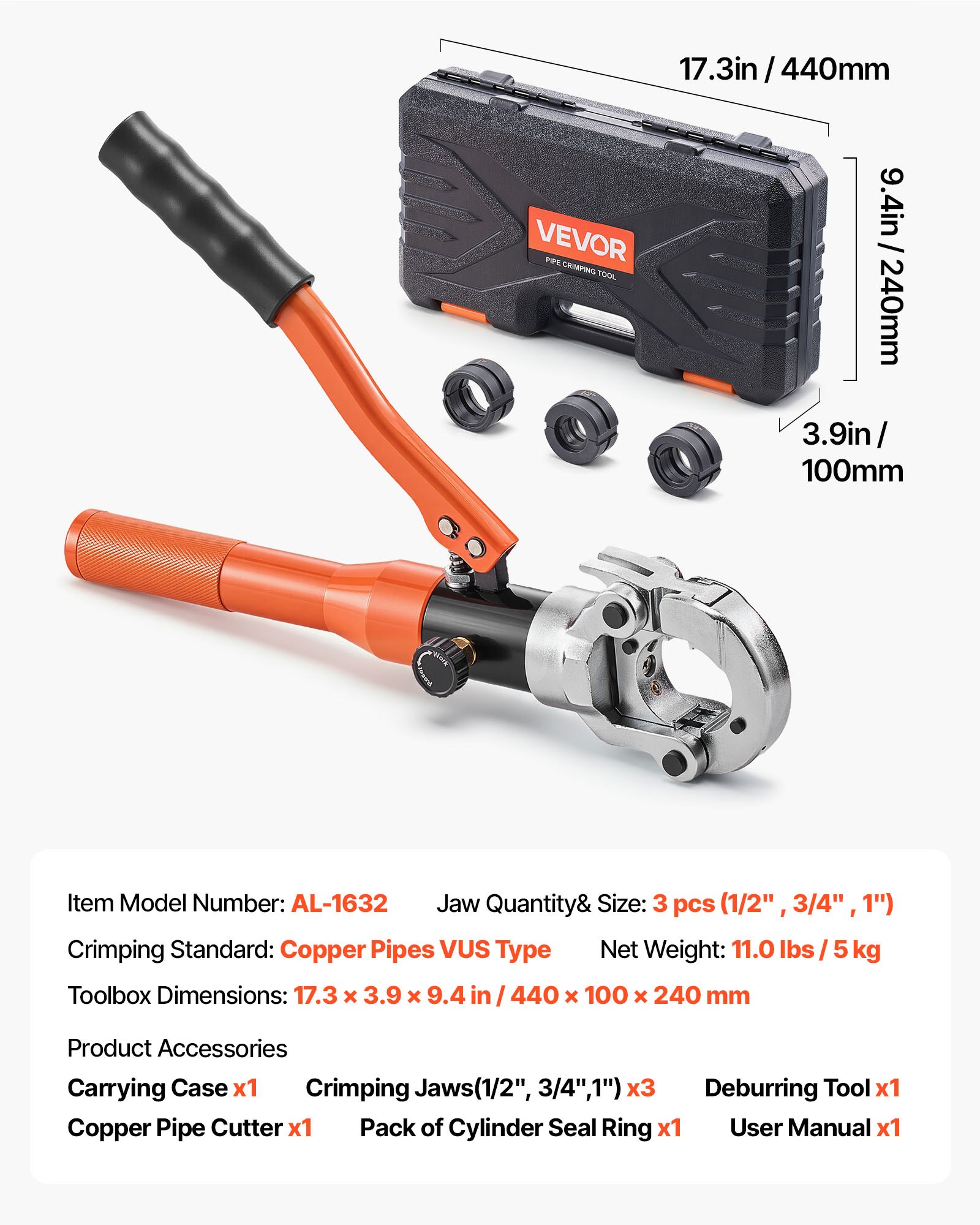 VEVOR Copper Pipe Crimping Tool, Hydraulic Driven Press Tool with 1/2", 3/4", 1" VUS Jaws, Copper Tube Fittings Crimper for Narrow Spaces, Straight & Bend Fittings - Compatible with ProPress