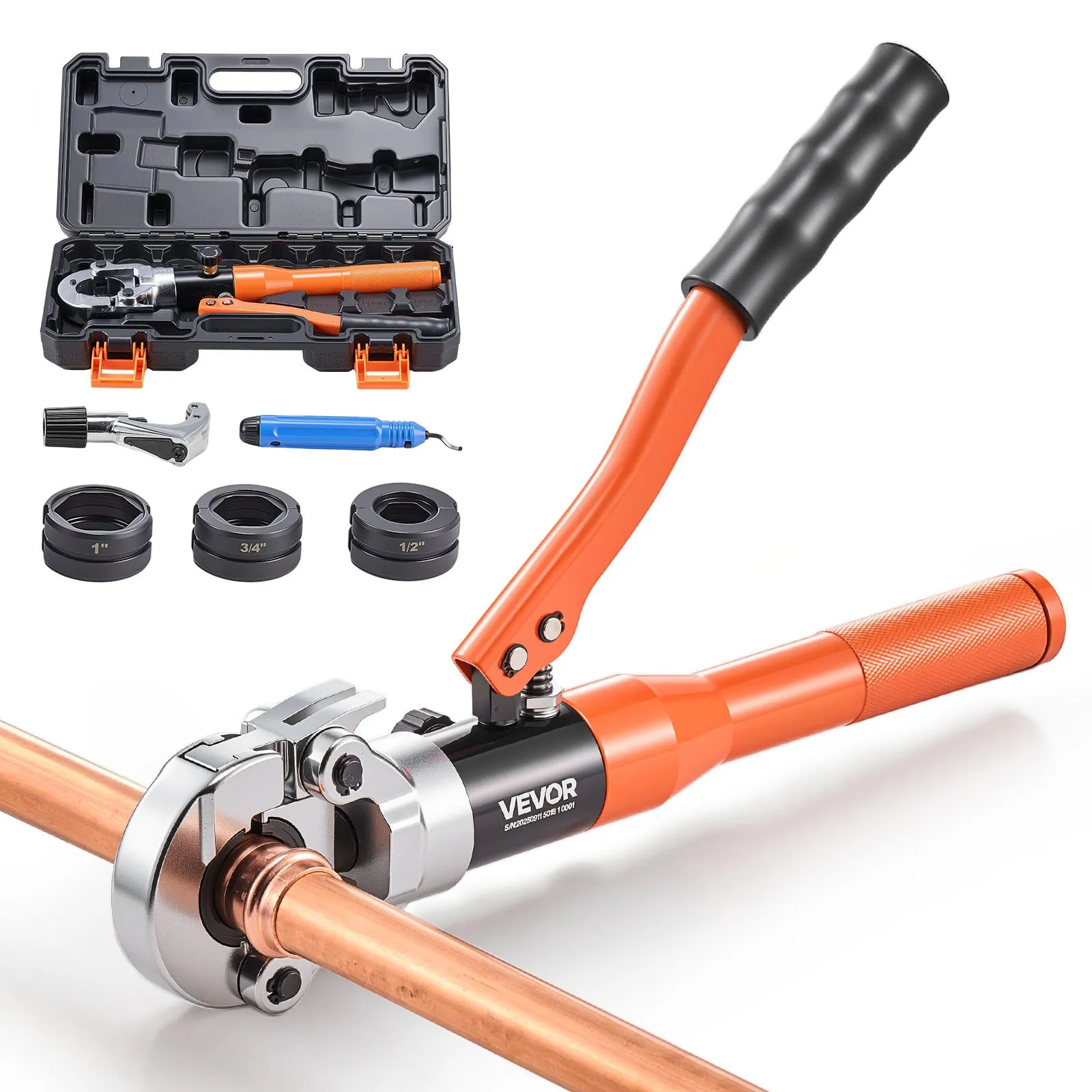 VEVOR Copper Pipe Crimping Tool, Hydraulic Driven Press Tool with 1/2", 3/4", 1" VUS Jaws, Copper Tube Fittings Crimper for Narrow Spaces, Straight & Bend Fittings - Compatible with ProPress