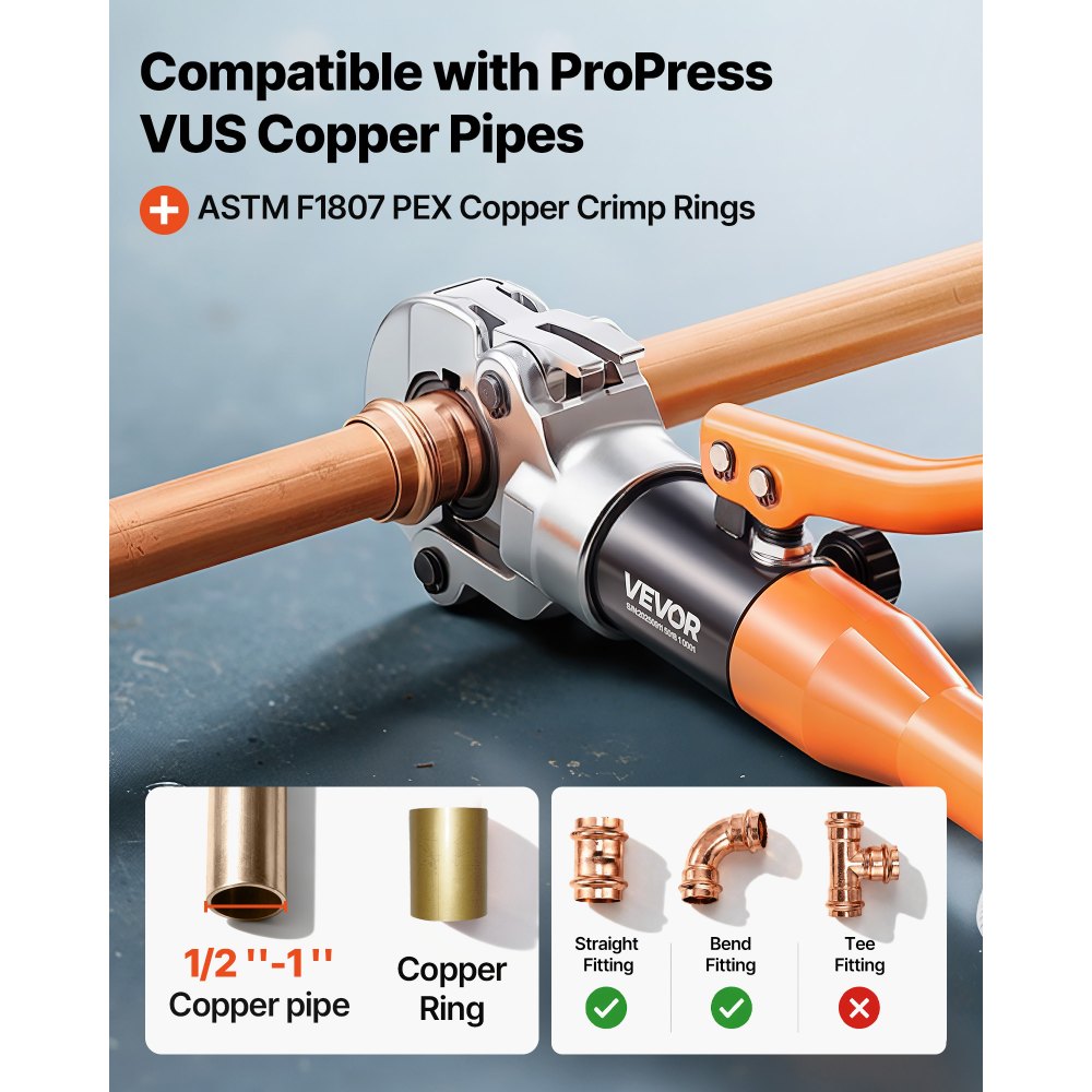 VEVOR Copper Pipe Crimping Tool, Hydraulic Driven Press Tool with 1/2" 3/4" 1" Jaws for VUS Type Copper Tube & 3/8", 1/2", 5/8", 3/4", 1" Jaws for ASTM F1807 PEX Pipe Copper Ring - with Carrying Case