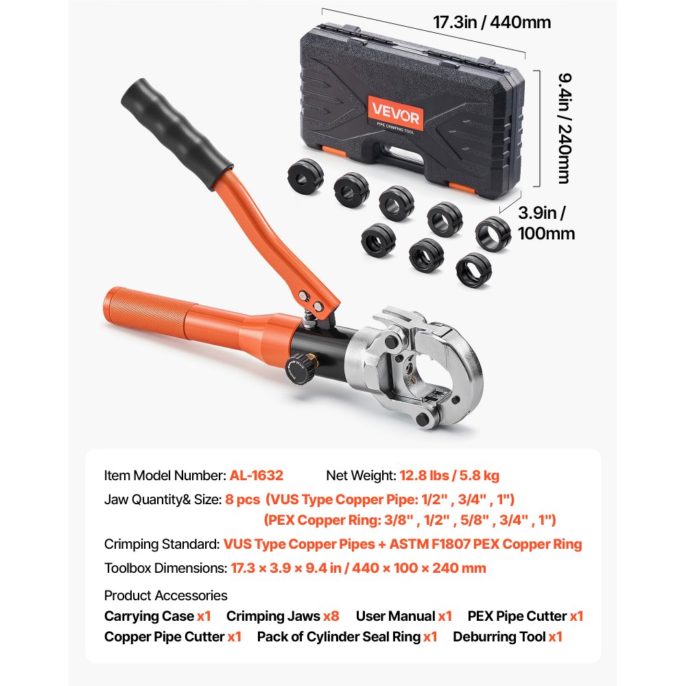 VEVOR Copper Pipe Crimping Tool, Hydraulic Driven Press Tool with 1/2" 3/4" 1" Jaws for VUS Type Copper Tube & 3/8", 1/2", 5/8", 3/4", 1" Jaws for ASTM F1807 PEX Pipe Copper Ring - with Carrying Case