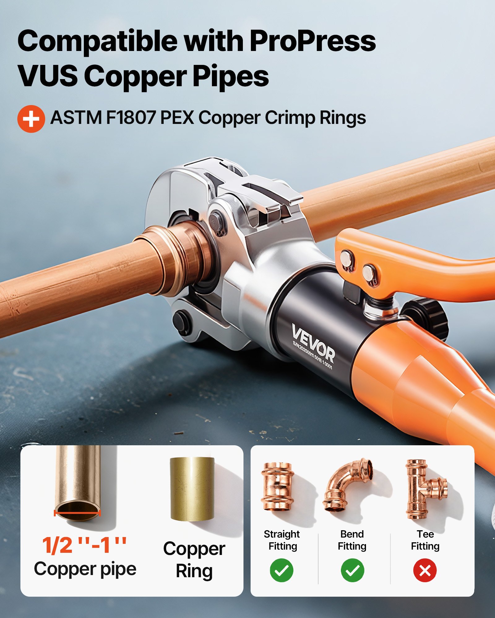 VEVOR Copper Pipe Crimping Tool, Hydraulic Driven Press Tool with 1/2" 3/4" 1" Jaws for VUS Type Copper Tube & 3/8", 1/2", 5/8", 3/4", 1" Jaws for ASTM F1807 PEX Pipe Copper Ring - with Carrying Case