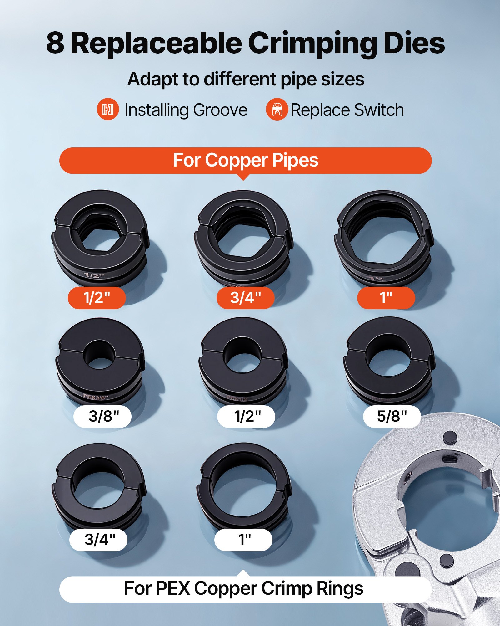VEVOR Copper Pipe Crimping Tool, Hydraulic Driven Press Tool with 1/2" 3/4" 1" Jaws for VUS Type Copper Tube & 3/8", 1/2", 5/8", 3/4", 1" Jaws for ASTM F1807 PEX Pipe Copper Ring - with Carrying Case