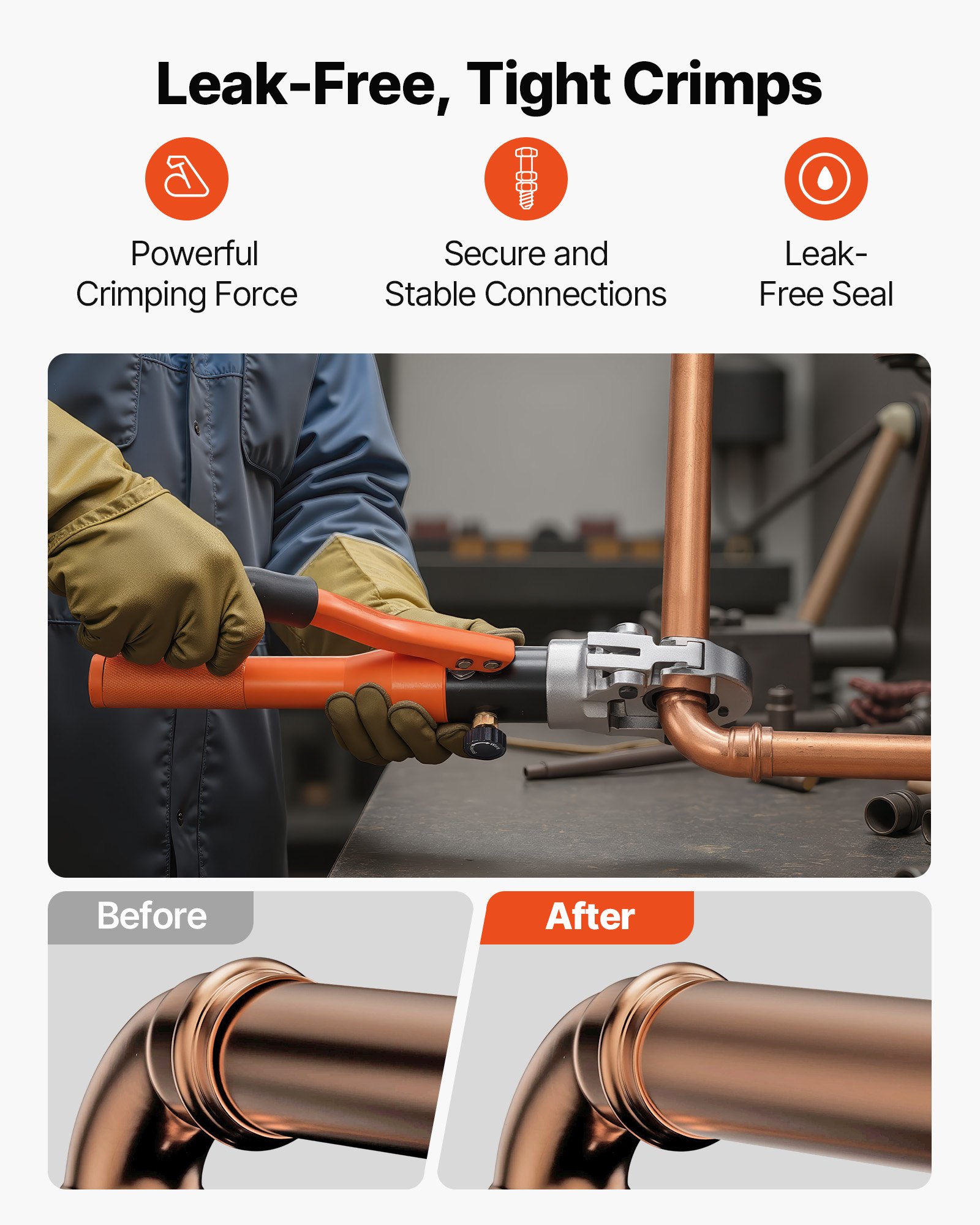 VEVOR Copper Pipe Crimping Tool, Hydraulic Driven Press Tool with 1/2" 3/4" 1" Jaws for VUS Type Copper Tube & 3/8", 1/2", 5/8", 3/4", 1" Jaws for ASTM F1807 PEX Pipe Copper Ring - with Carrying Case