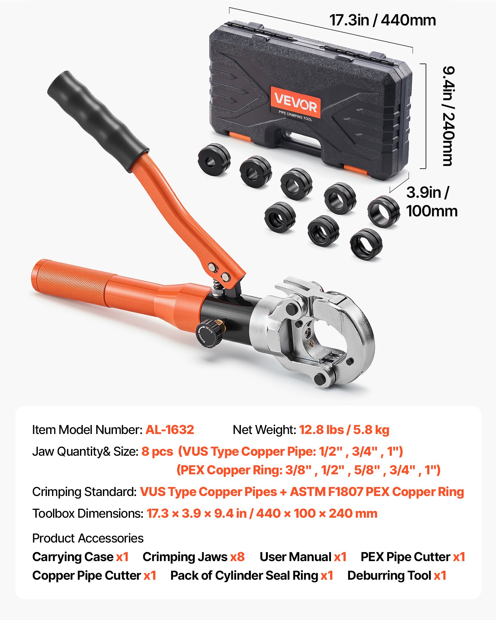 VEVOR Copper Pipe Crimping Tool, Hydraulic Driven Press Tool with 1/2" 3/4" 1" Jaws for VUS Type Copper Tube & 3/8", 1/2", 5/8", 3/4", 1" Jaws for ASTM F1807 PEX Pipe Copper Ring - with Carrying Case