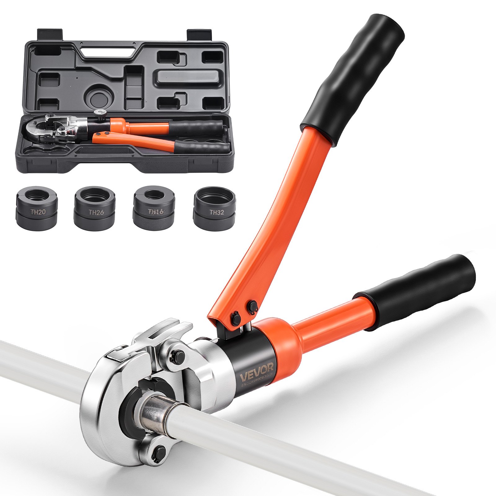 VEVOR Hydraulic Pipe Crimping Tool, PEX & Aluminum-Plastic Tube Fittings Crimper with TH16 TH20 TH26 TH32 Jaws & Carrying Case, Press Crimper Tool Kit for Plumbing Repairs & Installations