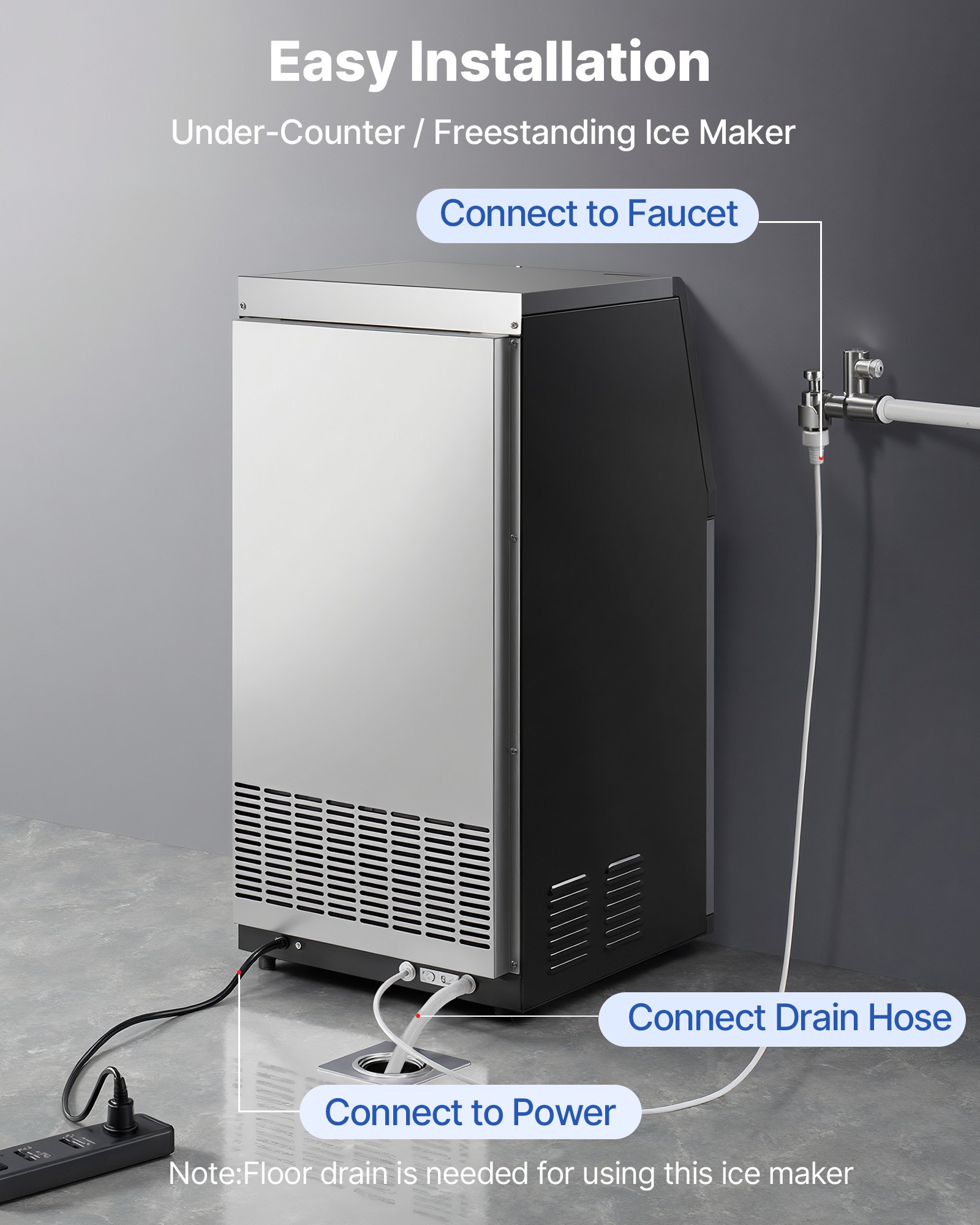 VEVOR Commercial Ice Maker Machine, 45 kg/24h with 14 kg Storage Capacity, Built-in/Freestanding/Under Counter, Stainless Steel Ice Maker with LED Display & Self-Cleaning, for Home Bar Restaurant