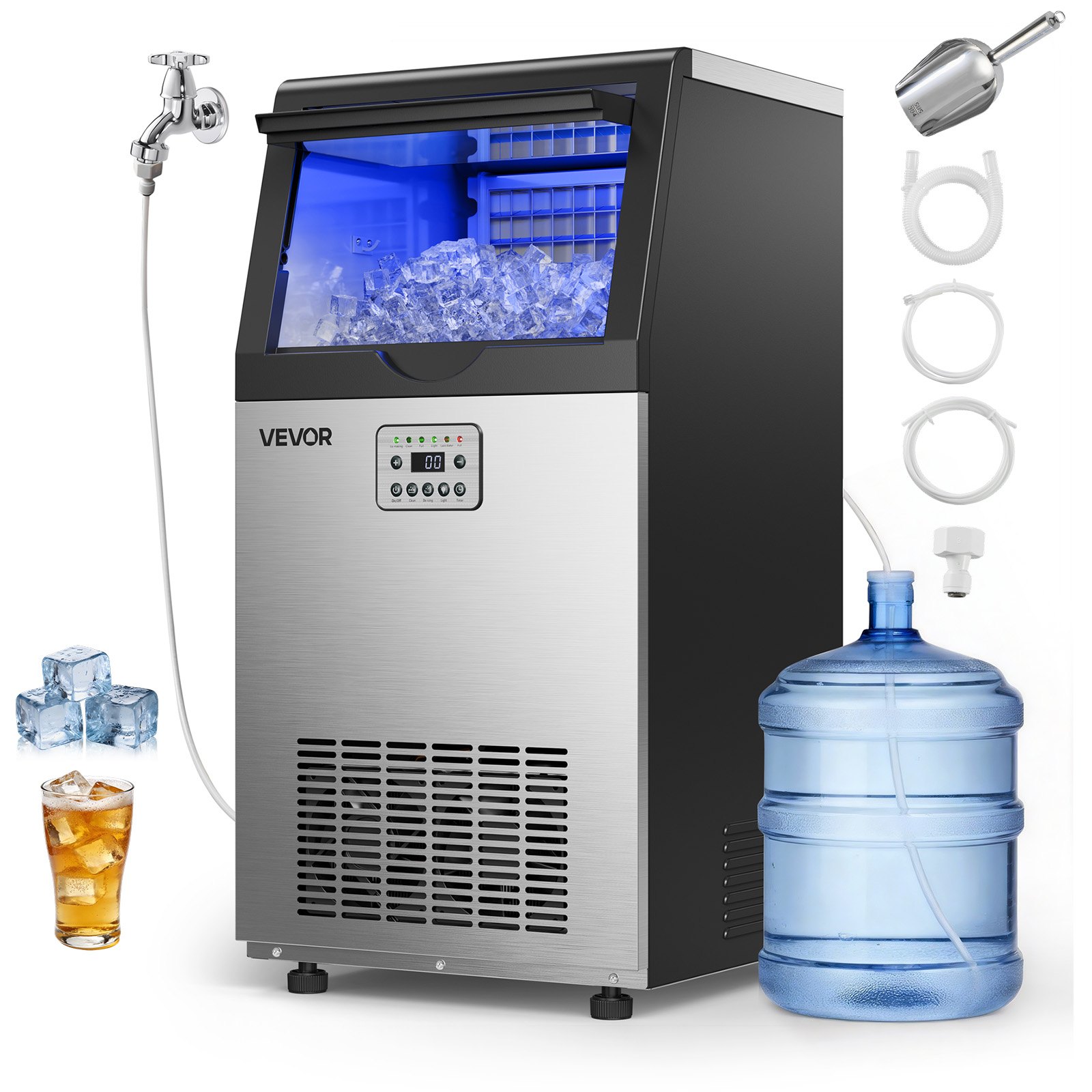 VEVOR Commercial Ice Maker Machine, 54 kg/24h with 14 kg Storage Capacity, Built-in/Freestanding/Under Counter, Stainless Steel Ice Maker with LED Display & Self-Cleaning, for Home Bar Restaurant