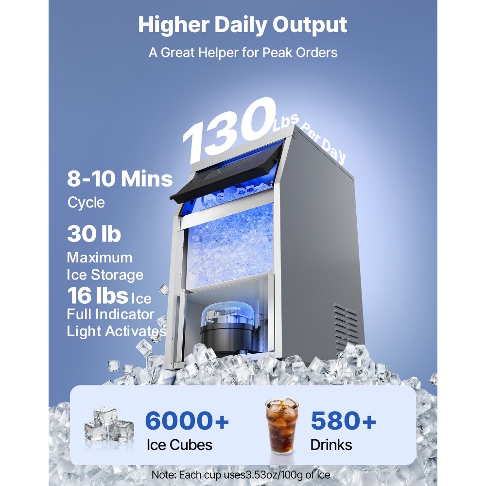 VEVOR Commercial Ice Maker Machine, 130 lbs/24h with 30 lbs Storage Capacity, Built-in/Freestanding/Under Counter, Stainless Steel Ice Maker with LED Display & Self-Cleaning, for Home Bar Restaurant