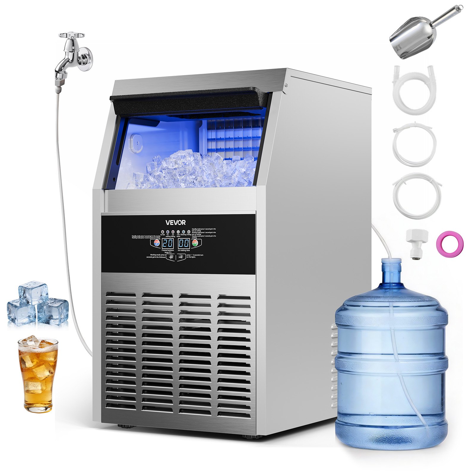 VEVOR Commercial Ice Maker Machine, 68 kg/24h with 14 kg Storage Capacity, Built-in/Freestanding/Under Counter, Stainless Steel Ice Maker with LED Display & Self-Cleaning, for Home Bar Restaurant