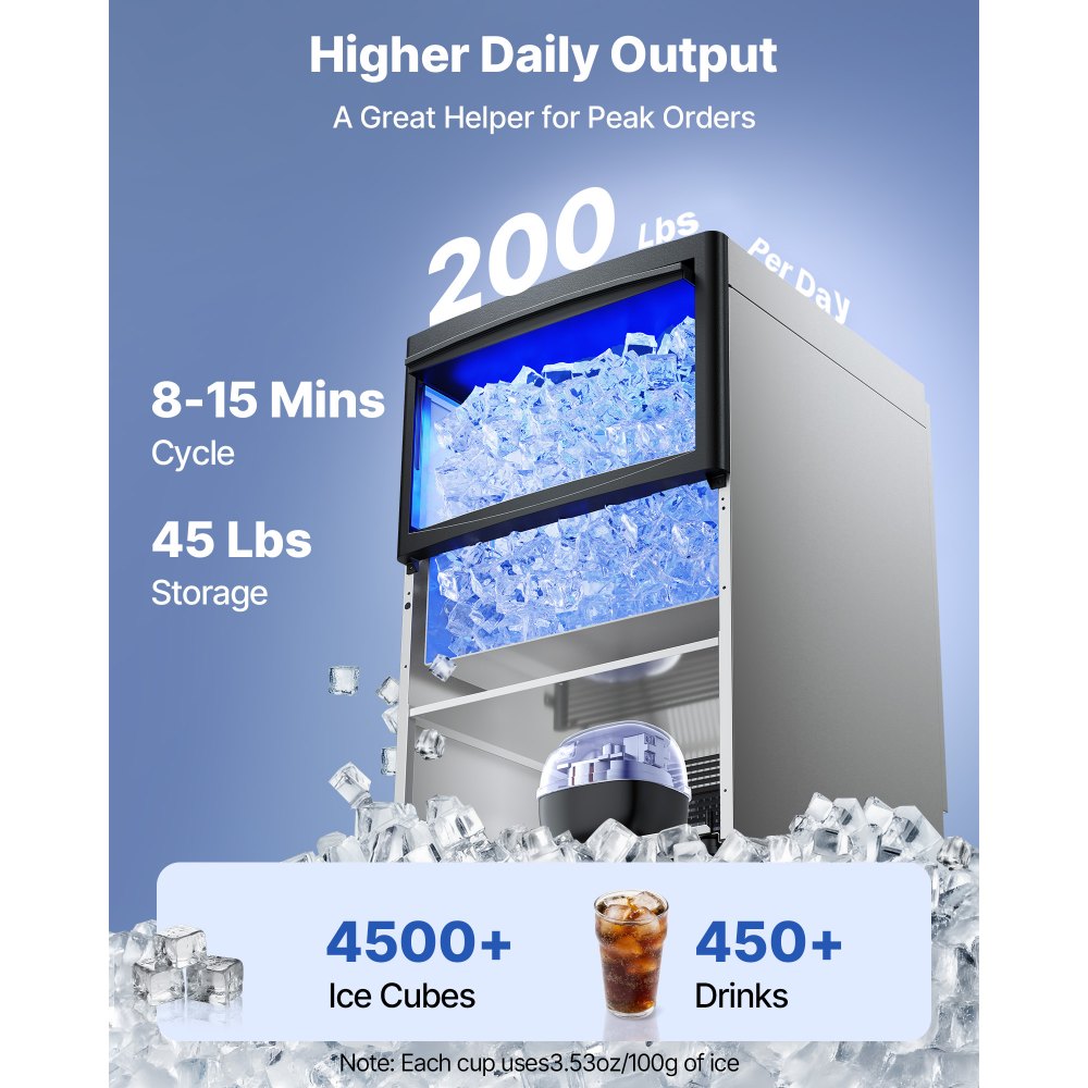 VEVOR Commercial Ice Maker Machine, 200 lbs/24h with 50 lbs Storage Capacity, Built-in/Freestanding/Under Counter, Stainless Steel Ice Maker with LED Display & Self-Cleaning, for Home Bar Restaurant