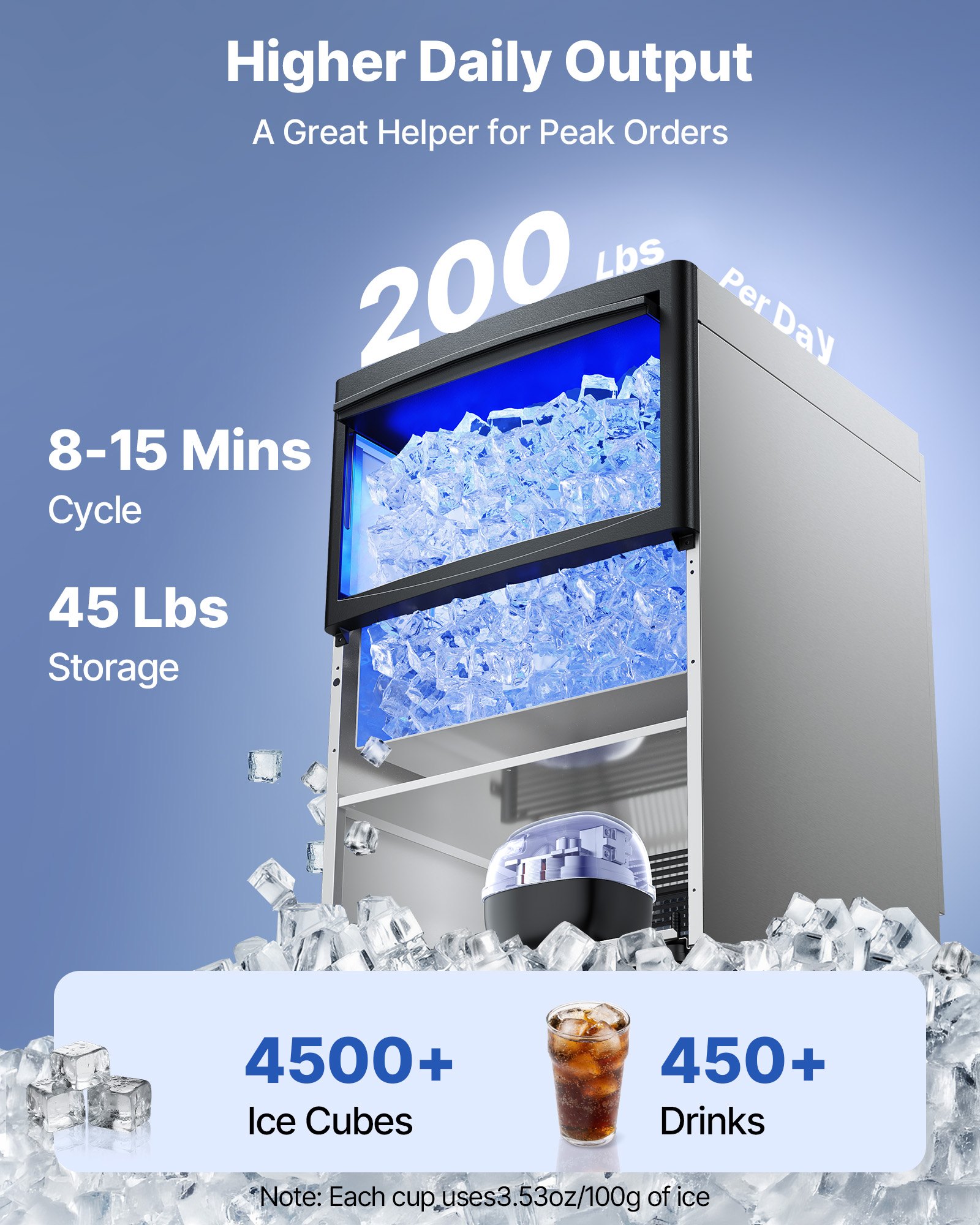 VEVOR Commercial Ice Maker Machine, 200 lbs/24h with 50 lbs Storage Capacity, Built-in/Freestanding/Under Counter, Stainless Steel Ice Maker with LED Display & Self-Cleaning, for Home Bar Restaurant
