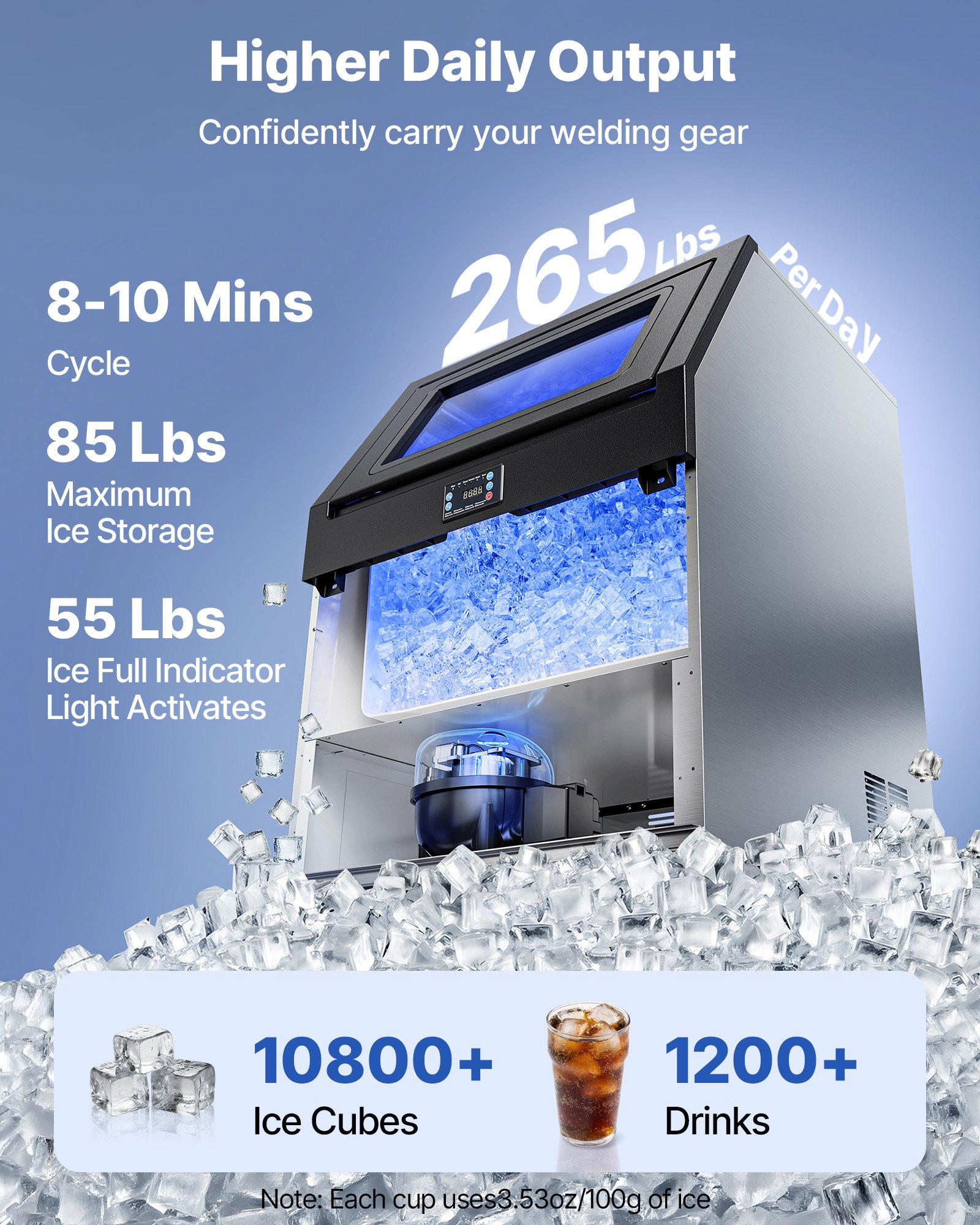 VEVOR Commercial Ice Maker Machine, 265 lbs/24h with 85 lbs Storage Capacity, Built-in/Freestanding/Under Counter, Stainless Steel Ice Maker with LED Display & Self-Cleaning, for Home Bar Restaurant