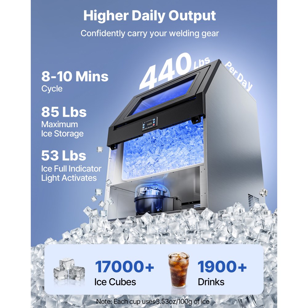 VEVOR Commercial Ice Maker Machine, 440 lbs/24h with 85 lbs Storage Capacity, Built-in/Freestanding/Under Counter, Stainless Steel Ice Maker with LED Display & Self-Cleaning, for Home Bar Restaurant