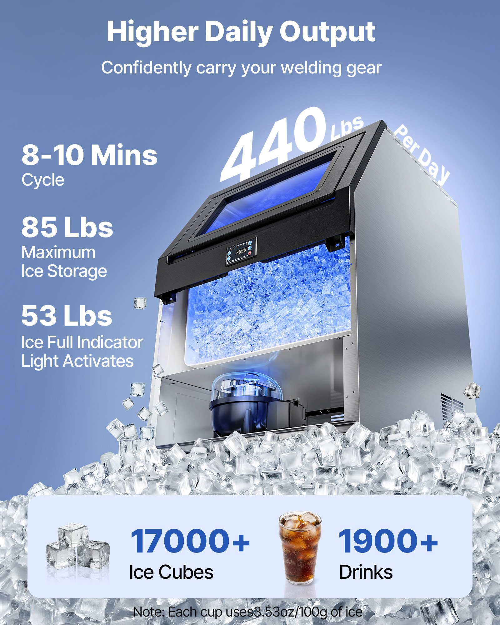 VEVOR Commercial Ice Maker Machine, 440 lbs/24h with 85 lbs Storage Capacity, Built-in/Freestanding/Under Counter, Stainless Steel Ice Maker with LED Display & Self-Cleaning, for Home Bar Restaurant
