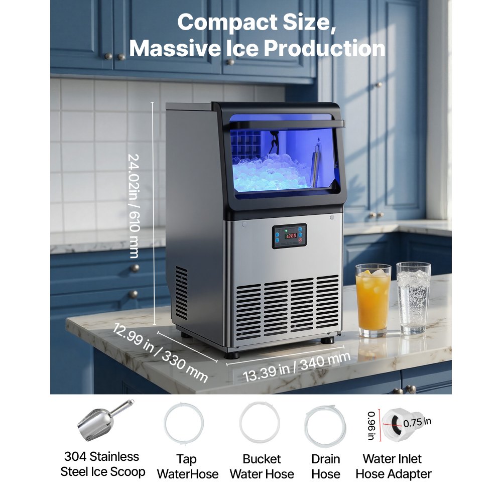 VEVOR Commercial Ice Maker Machine, 41 kg/24h with 6 kg Storage Capacity, Countertop/Freestanding/Under Counter, Stainless Steel Ice Maker with LED Display & Self-Cleaning, for Home Bar Restaurant