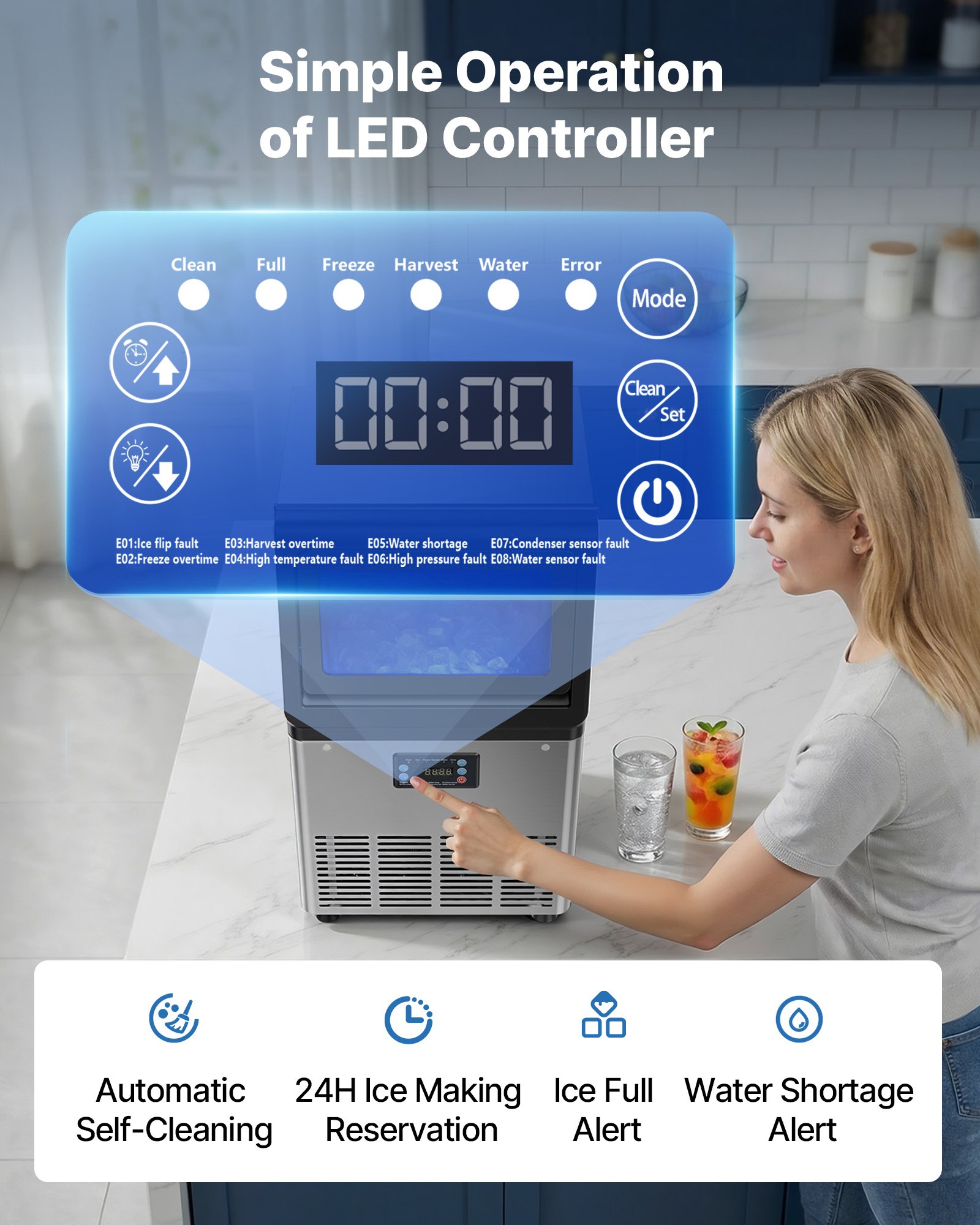 VEVOR Commercial Ice Maker Machine, 41 kg/24h with 6 kg Storage Capacity, Countertop/Freestanding/Under Counter, Stainless Steel Ice Maker with LED Display & Self-Cleaning, for Home Bar Restaurant