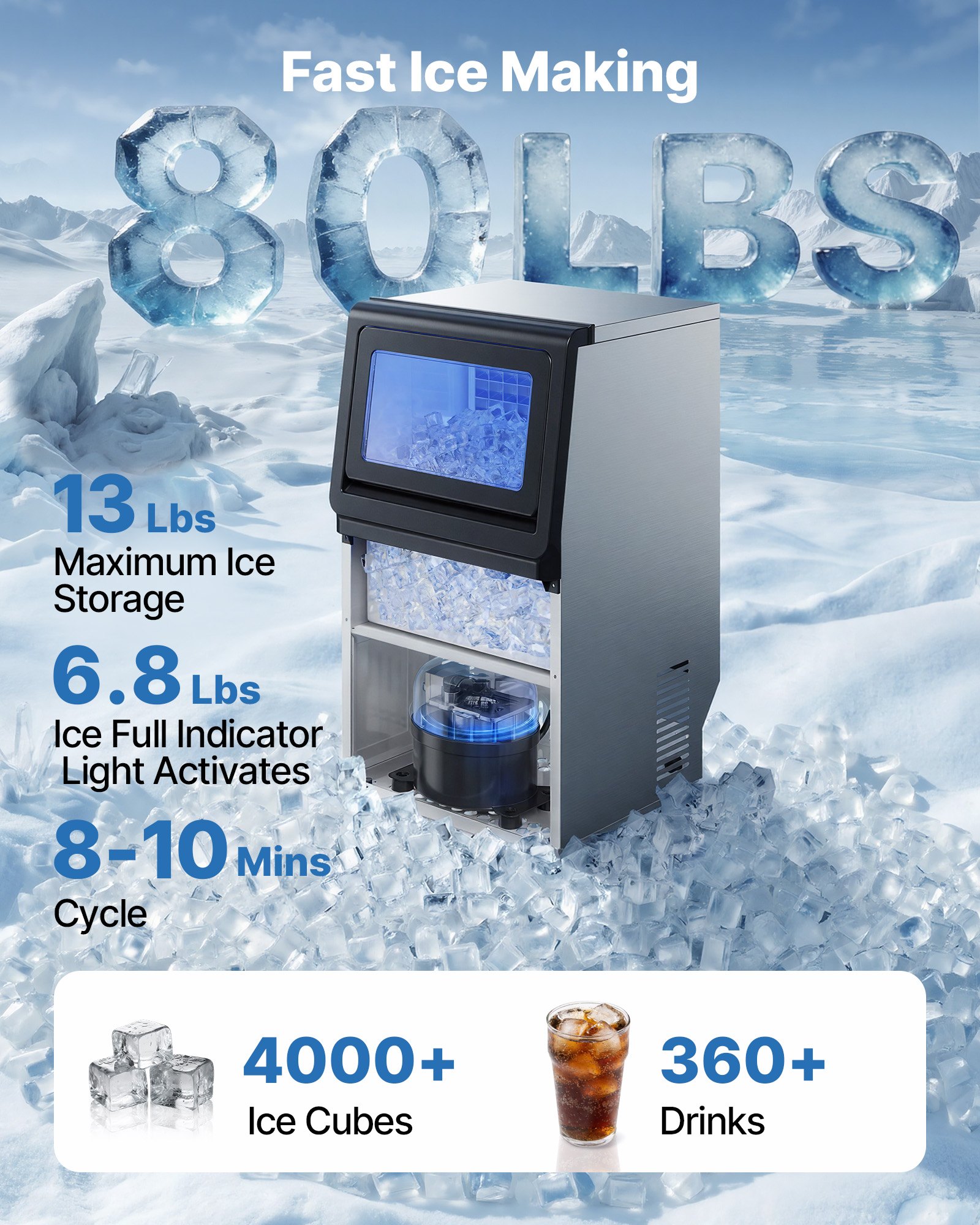 VEVOR Commercial Ice Maker Machine, 36 kg/24h with 6 kg Storage Capacity, Countertop/Freestanding/Under Counter, Stainless Steel Ice Maker with LED Display & Self-Cleaning, for Home Bar Restaurant