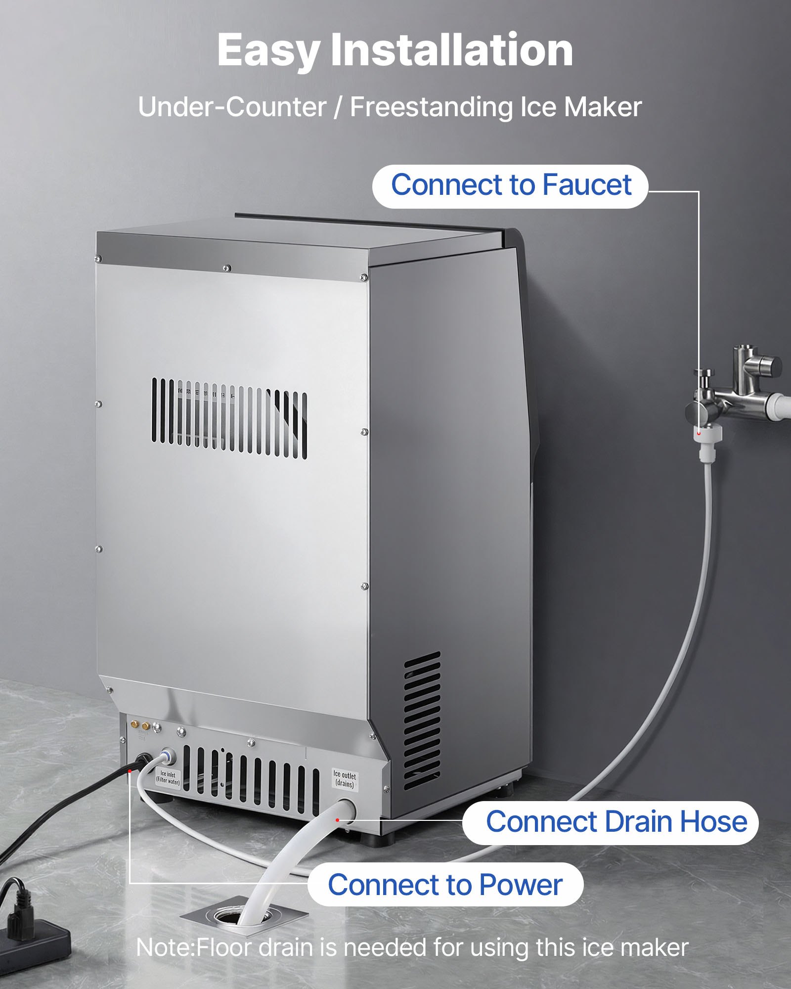 VEVOR Commercial Ice Maker Machine, 36 kg/24h with 6 kg Storage Capacity, Countertop/Freestanding/Under Counter, Stainless Steel Ice Maker with LED Display & Self-Cleaning, for Home Bar Restaurant