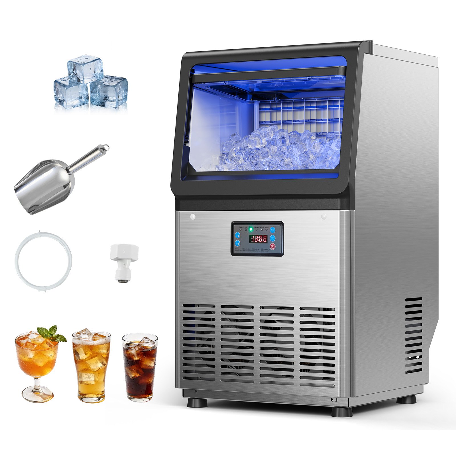 VEVOR Commercial Ice Maker Machine, 36 kg/24h with 6 kg Storage Capacity, Countertop/Freestanding/Under Counter, Stainless Steel Ice Maker with LED Display & Self-Cleaning, for Home Bar Restaurant
