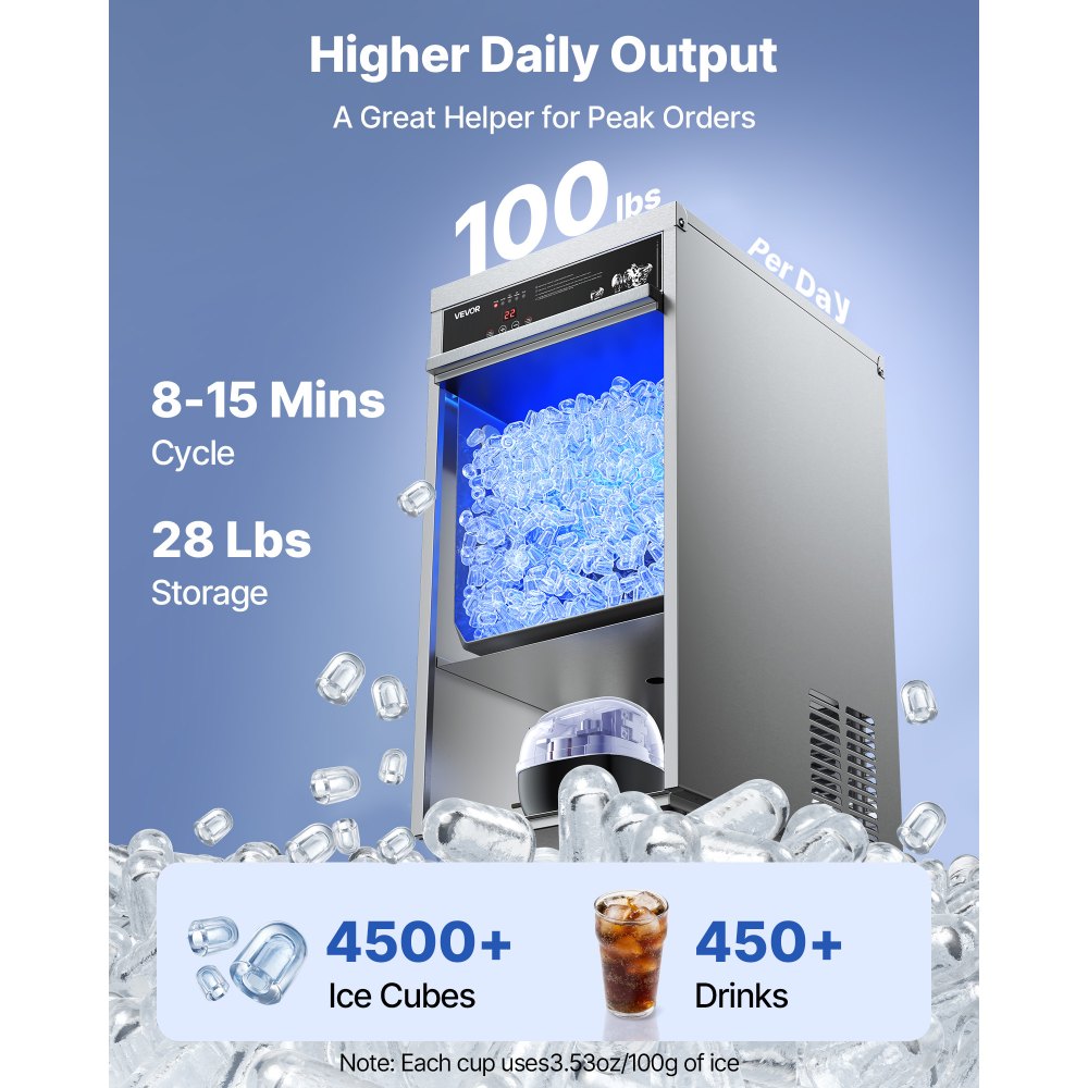 VEVOR Commercial Ice Maker Machine, 100 lbs/24h with 30-35 lbs Storage, Built-in/Freestanding/Under Counter, Stainless Steel Ice Maker with LED Display & Self-Cleaning, for Home Bar Restaurant