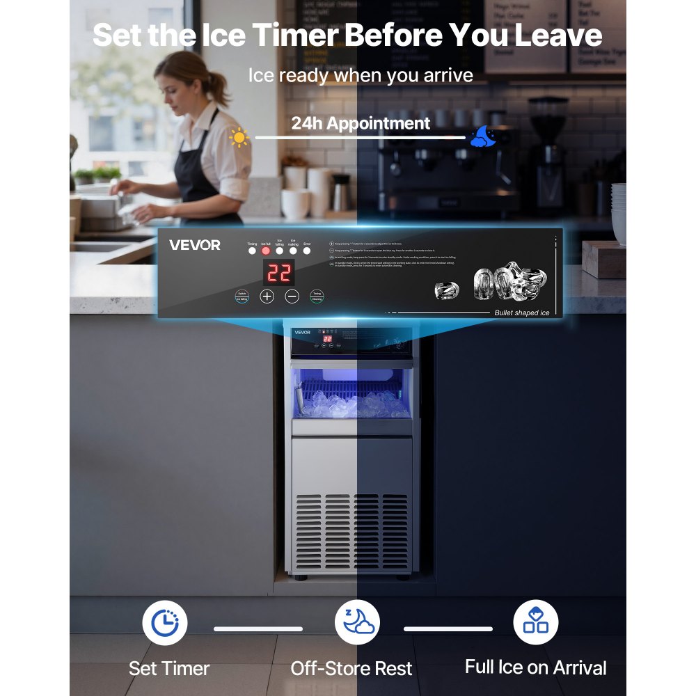 VEVOR Commercial Ice Maker Machine, 100 lbs/24h with 30-35 lbs Storage, Built-in/Freestanding/Under Counter, Stainless Steel Ice Maker with LED Display & Self-Cleaning, for Home Bar Restaurant