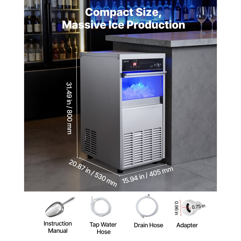 VEVOR Commercial Ice Maker Machine, 100 lbs/24h with 30-35 lbs Storage, Built-in/Freestanding/Under Counter, Stainless Steel Ice Maker with LED Display & Self-Cleaning, for Home Bar Restaurant