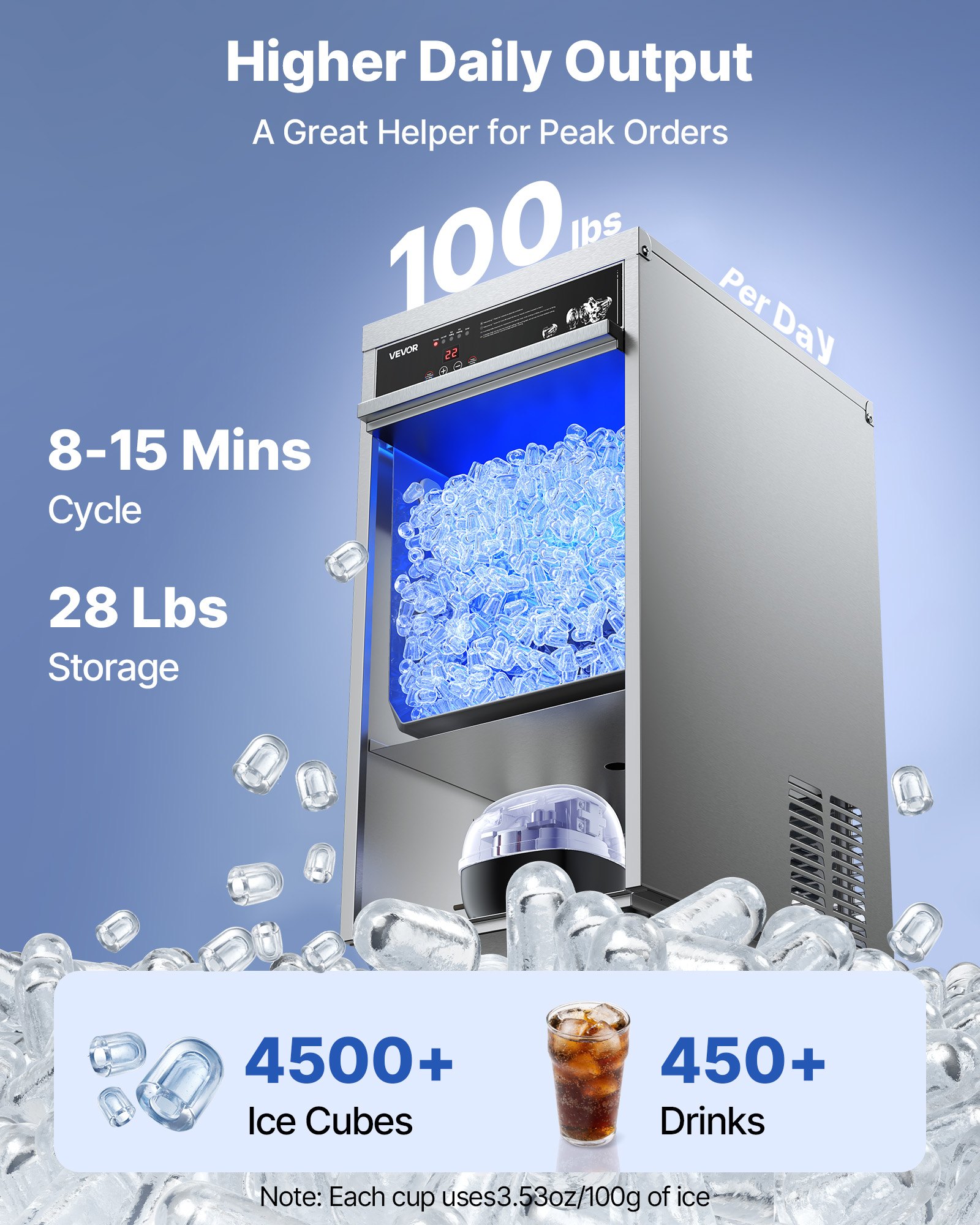 VEVOR Commercial Ice Maker Machine, 100 lbs/24h with 30-35 lbs Storage, Built-in/Freestanding/Under Counter, Stainless Steel Ice Maker with LED Display & Self-Cleaning, for Home Bar Restaurant
