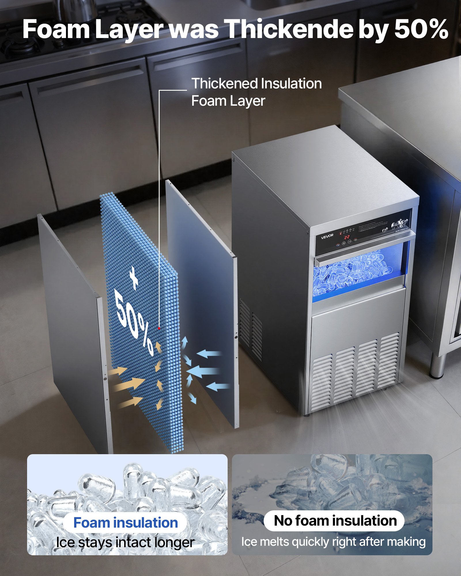 VEVOR Commercial Ice Maker Machine, 100 lbs/24h with 30-35 lbs Storage, Built-in/Freestanding/Under Counter, Stainless Steel Ice Maker with LED Display & Self-Cleaning, for Home Bar Restaurant