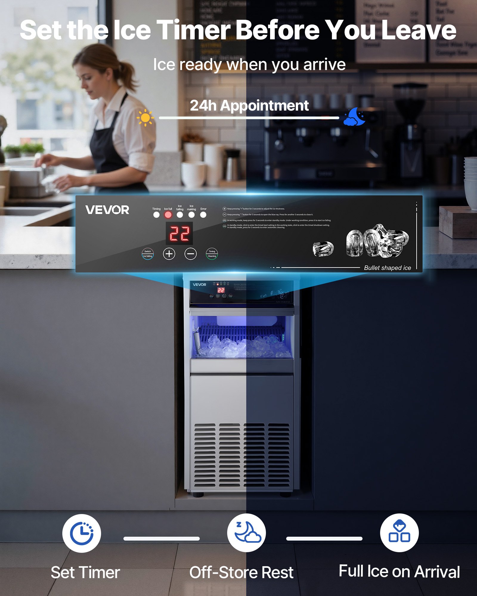 VEVOR Commercial Ice Maker Machine, 100 lbs/24h with 30-35 lbs Storage, Built-in/Freestanding/Under Counter, Stainless Steel Ice Maker with LED Display & Self-Cleaning, for Home Bar Restaurant