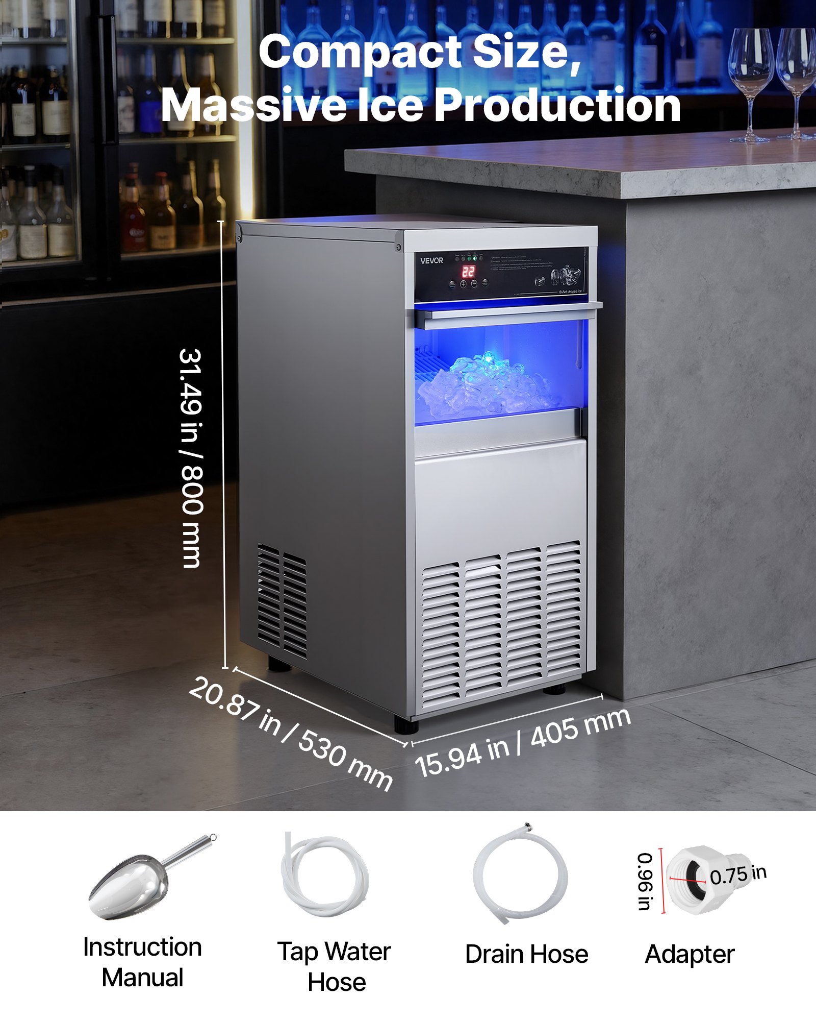 VEVOR Commercial Ice Maker Machine, 100 lbs/24h with 30-35 lbs Storage, Built-in/Freestanding/Under Counter, Stainless Steel Ice Maker with LED Display & Self-Cleaning, for Home Bar Restaurant