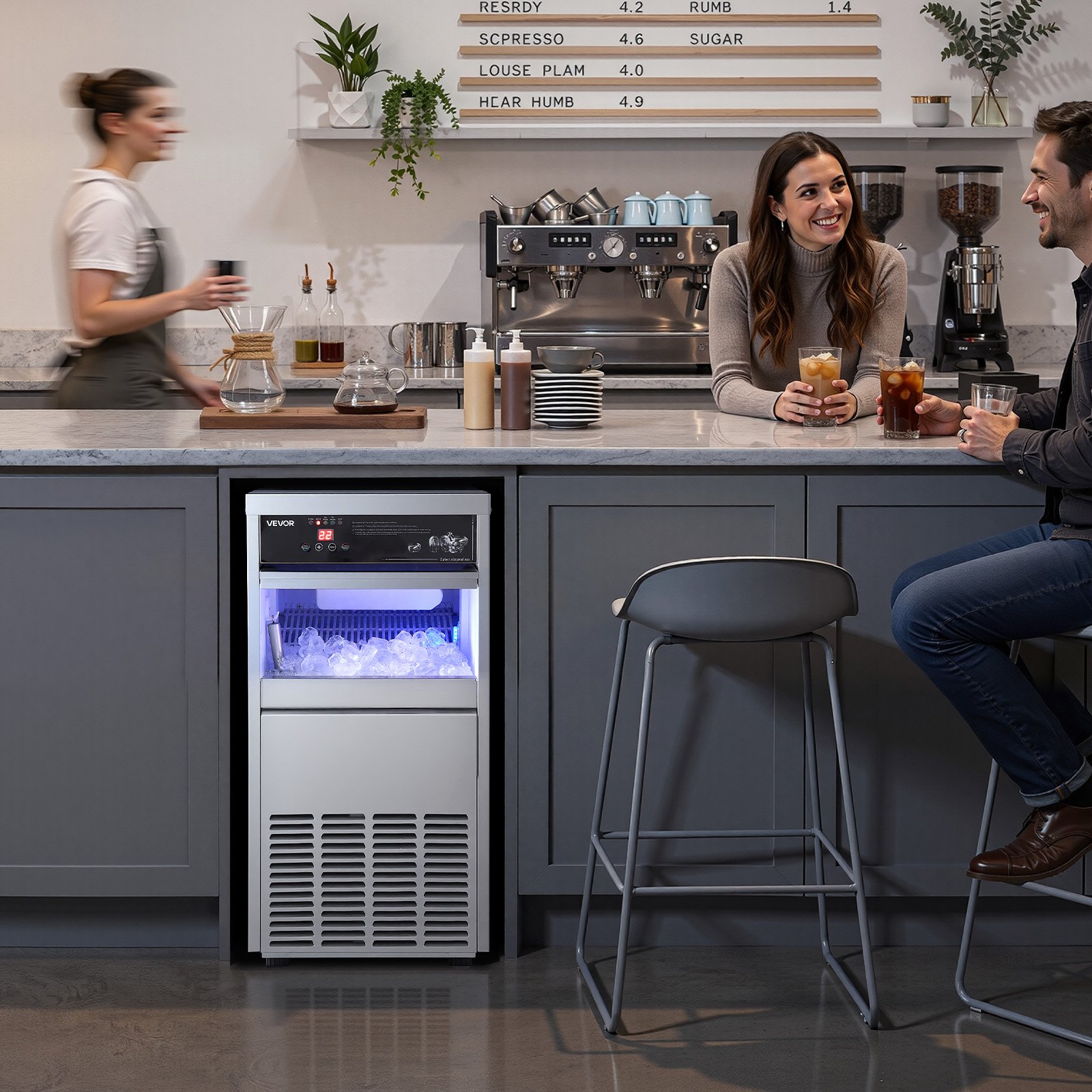 VEVOR Commercial Ice Maker Machine, 100 lbs/24h with 30-35 lbs Storage, Built-in/Freestanding/Under Counter, Stainless Steel Ice Maker with LED Display & Self-Cleaning, for Home Bar Restaurant