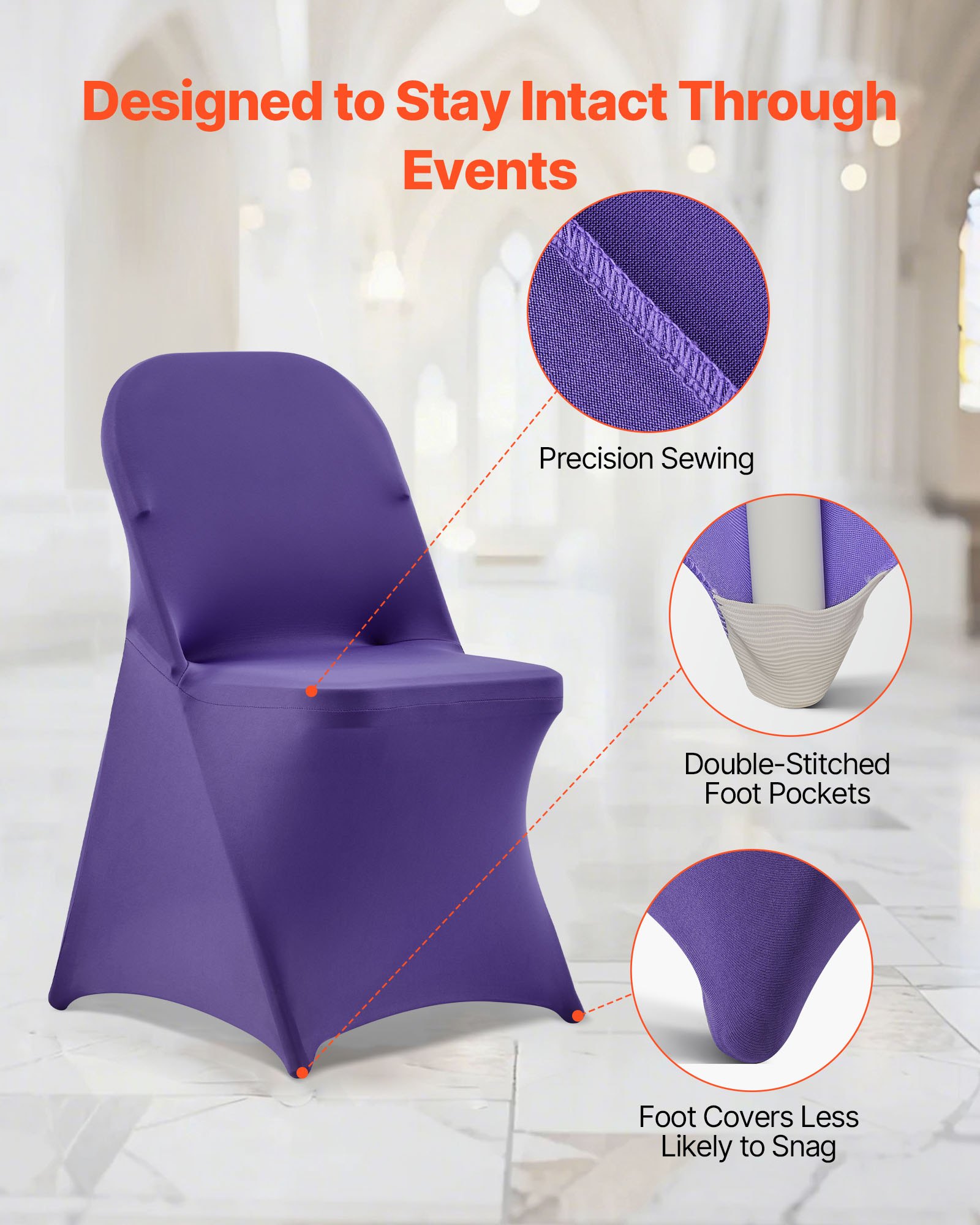 VEVOR 50 Pcs Purple Chair Covers, Polyester Spandex Chair Cover, Stretch Slipcovers for Wedding Party Dining Banquet Flat-Front Chair Covers, Fits Chair Measures up to 17.72 x 18.11 x 30.31 inch