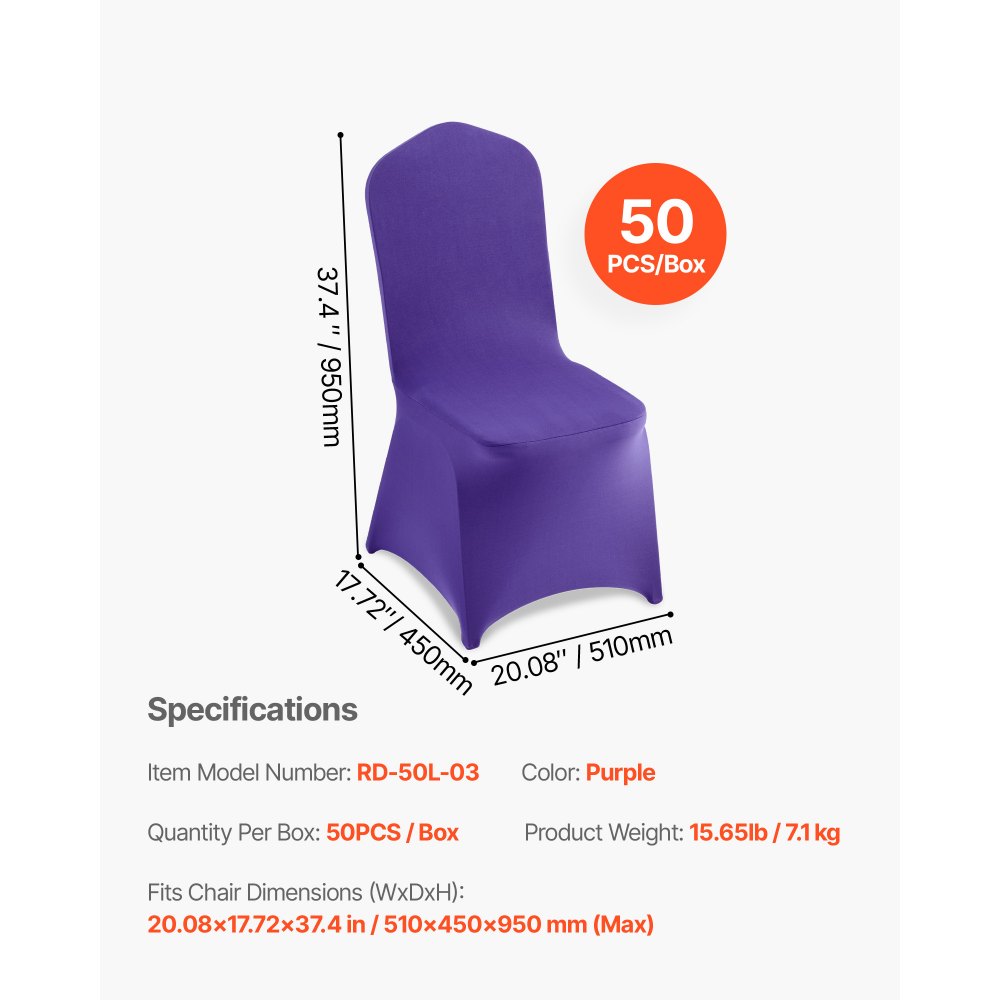 VEVOR 50 Pcs Purple Chair Covers, Polyester Spandex Chair Cover, Stretch Slipcovers for Wedding Party Dining Banquet Flat-Front Chair Covers, Fits Chair Measures up to 20.08 x 17.72 x 37.4 inch