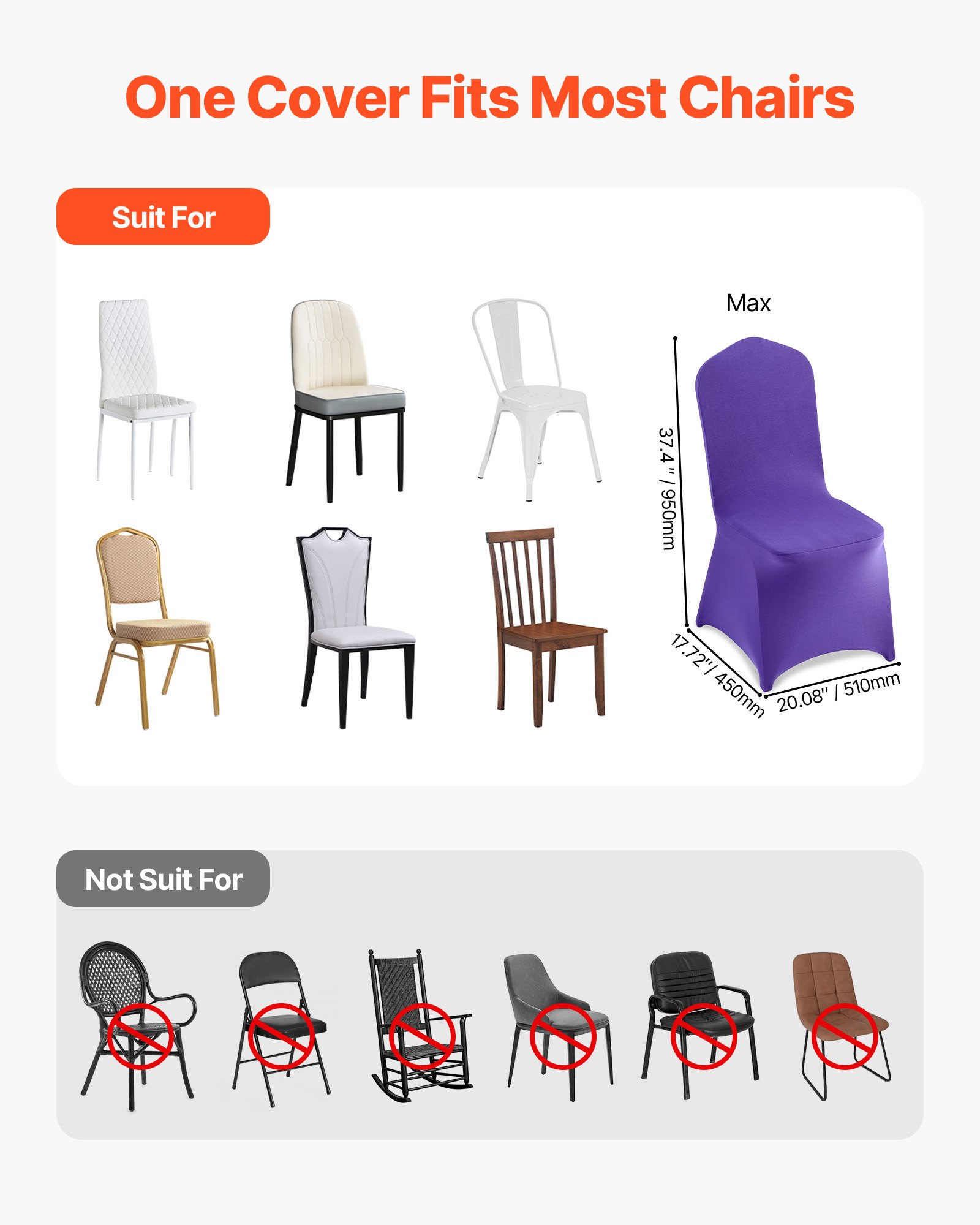 VEVOR 50 Pcs Purple Chair Covers, Polyester Spandex Chair Cover, Stretch Slipcovers for Wedding Party Dining Banquet Flat-Front Chair Covers, Fits Chair Measures up to 20.08 x 17.72 x 37.4 inch