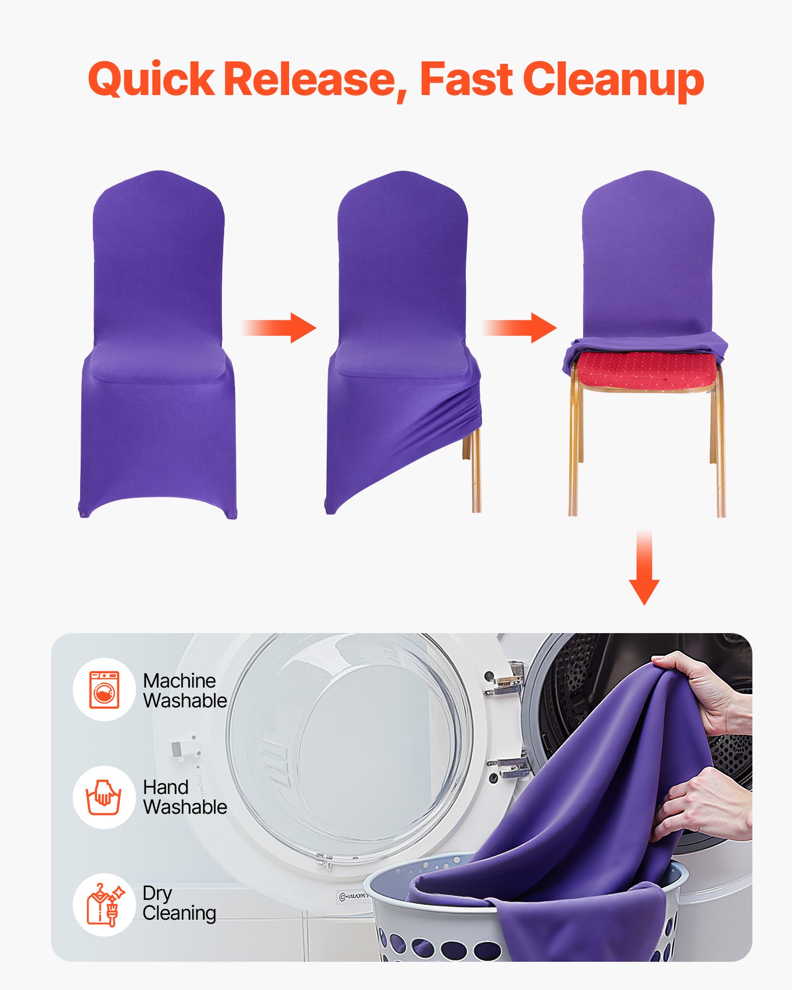 VEVOR 50 Pcs Purple Chair Covers, Polyester Spandex Chair Cover, Stretch Slipcovers for Wedding Party Dining Banquet Flat-Front Chair Covers, Fits Chair Measures up to 20.08 x 17.72 x 37.4 inch