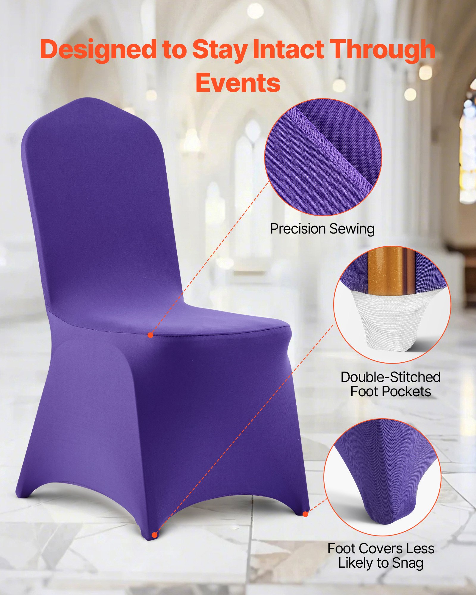 VEVOR 50 Pcs Purple Chair Covers, Polyester Spandex Chair Cover, Stretch Slipcovers for Wedding Party Dining Banquet Flat-Front Chair Covers, Fits Chair Measures up to 20.08 x 17.72 x 37.4 inch
