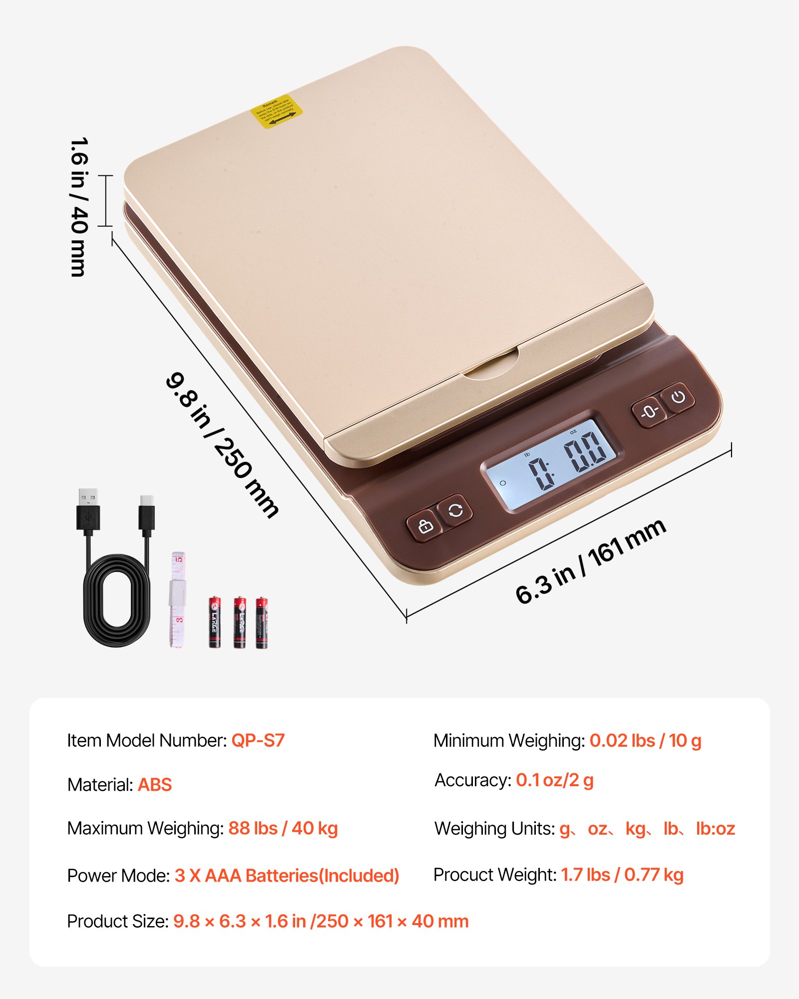VEVOR Digital Shipping Postal Scale, 2 g High Accuracy, 40 kg Postal Scale with Hold/Tare/Auto-off Function, Flip Holder Design & Easy Calibration, Fit for Home and Office Use, Battery Included