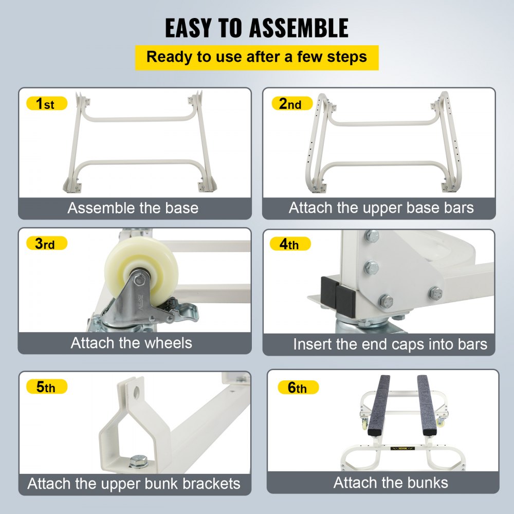 VEVOR jet ski dolly assembly steps: assemble base, attach bars, wheels, end caps, bunk brackets, bunks.