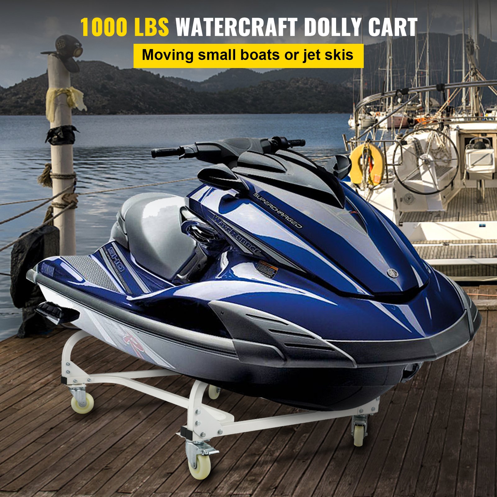 blue jet ski on VEVOR jet ski dolly beside a dock with boats in the background, highlighting its 1000 lbs capacity.